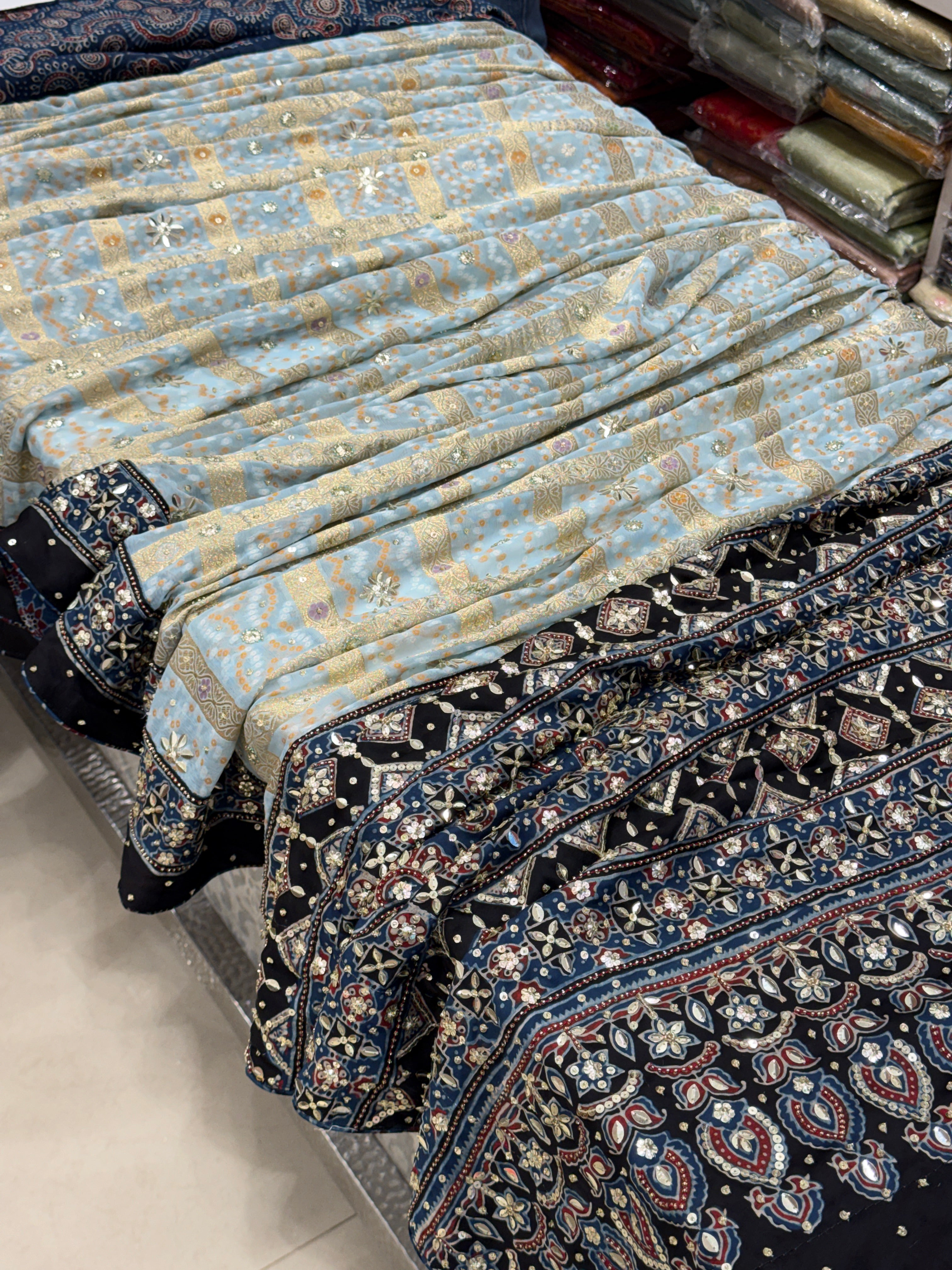 Light Blue Gharchola Ajrakh Hand Embroidery Saree