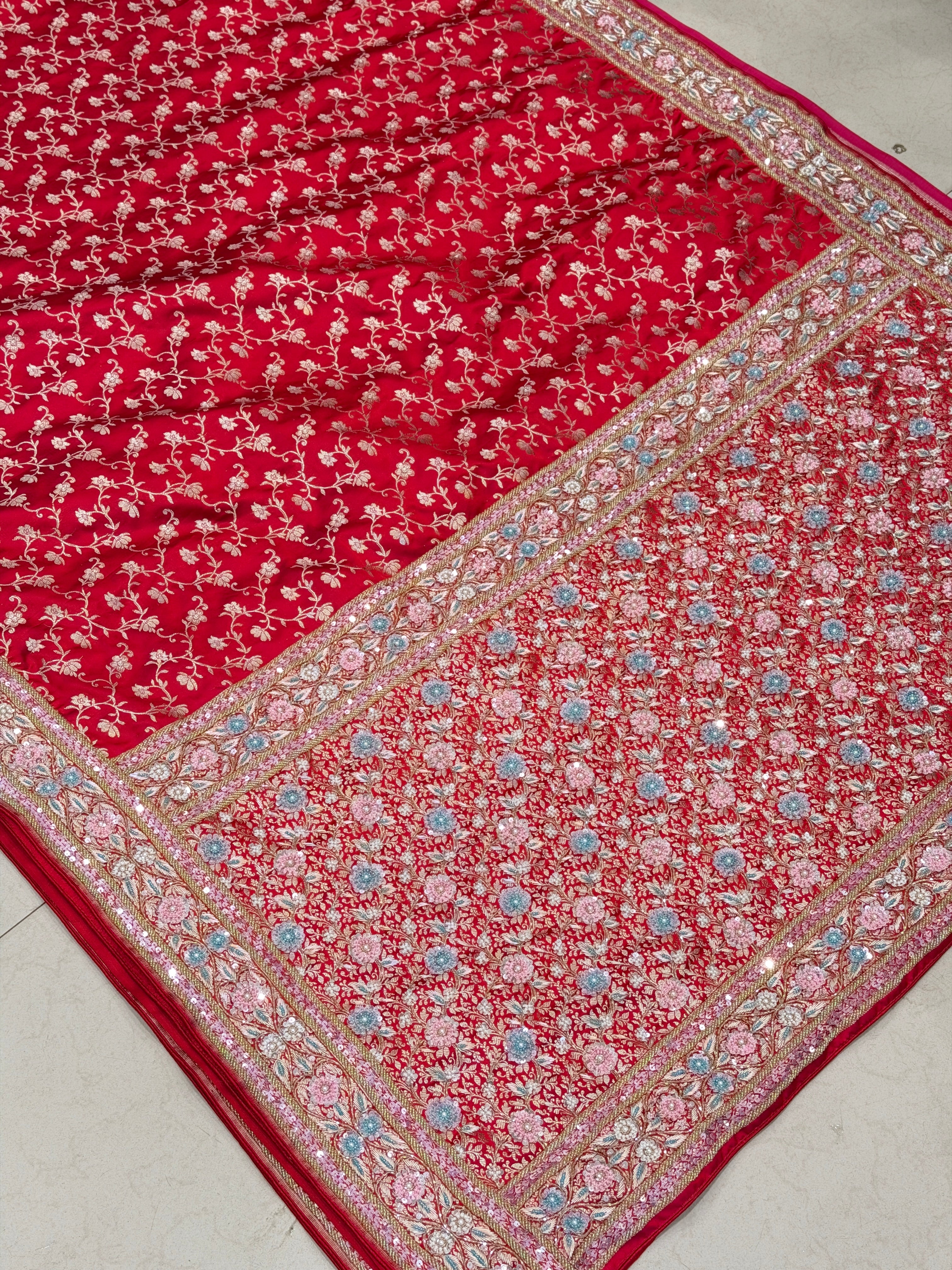 Red Banarasi Pine Jaal Moti Zardosi Hand Embroidery Saree