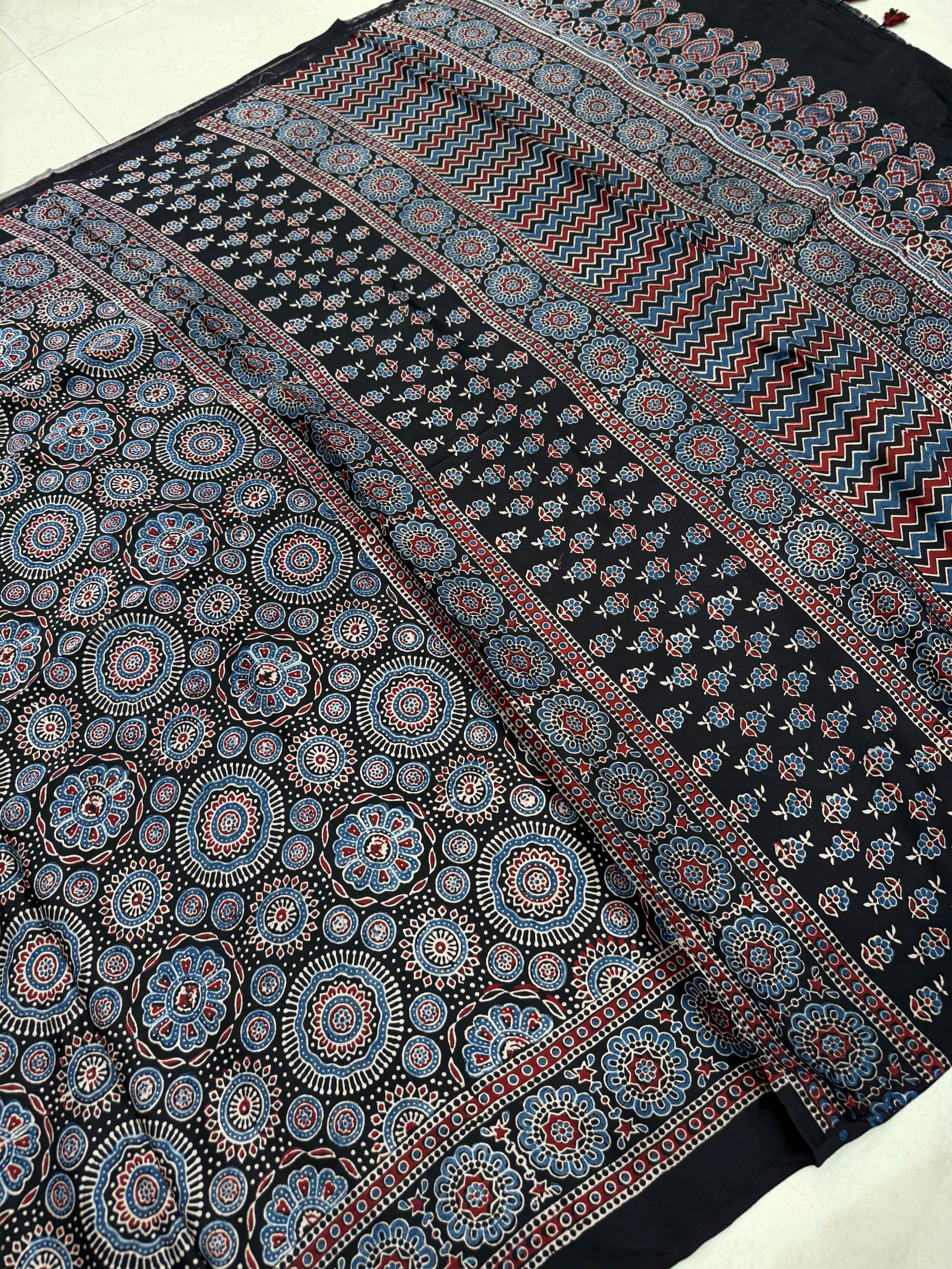 Black Gol Jaal Ajrakh Hand Block Print Pure Gajji Silk Saree