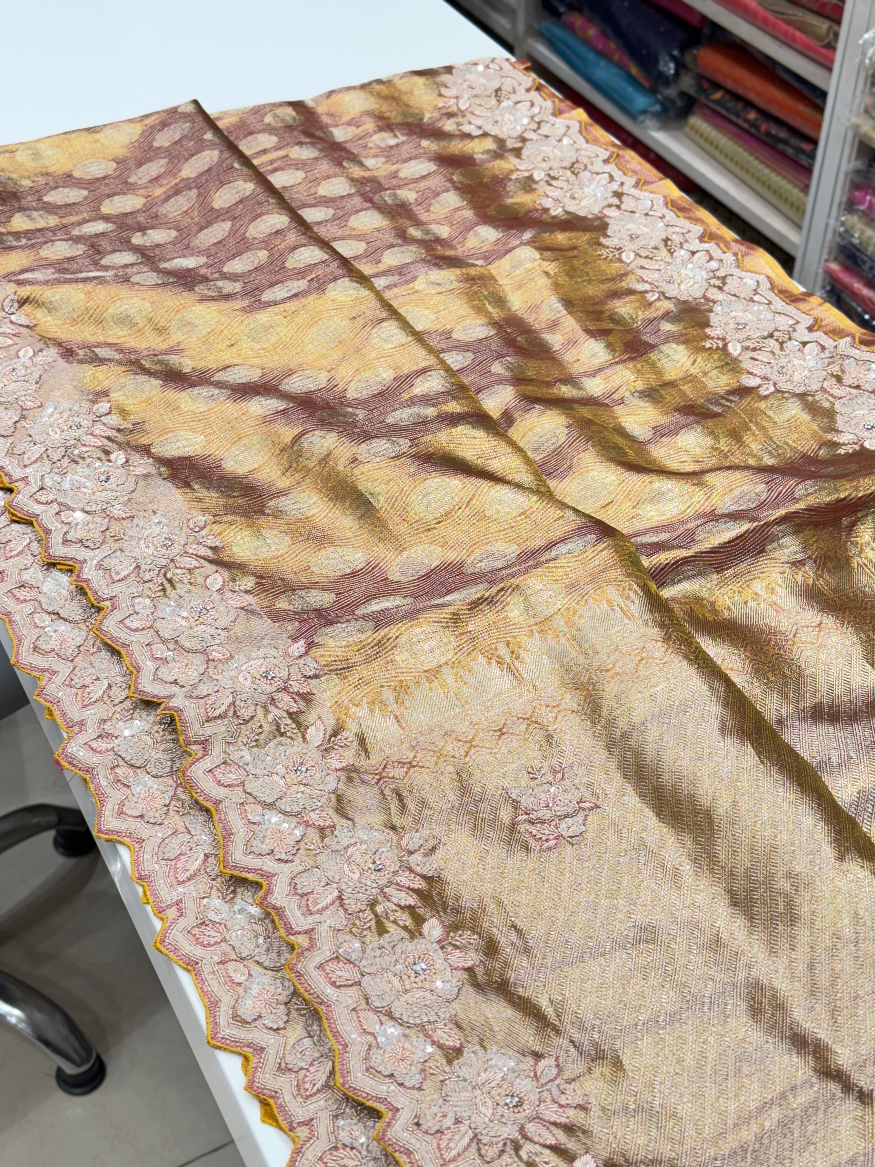 Rust Kanjivaram Hand Embroidery Saree