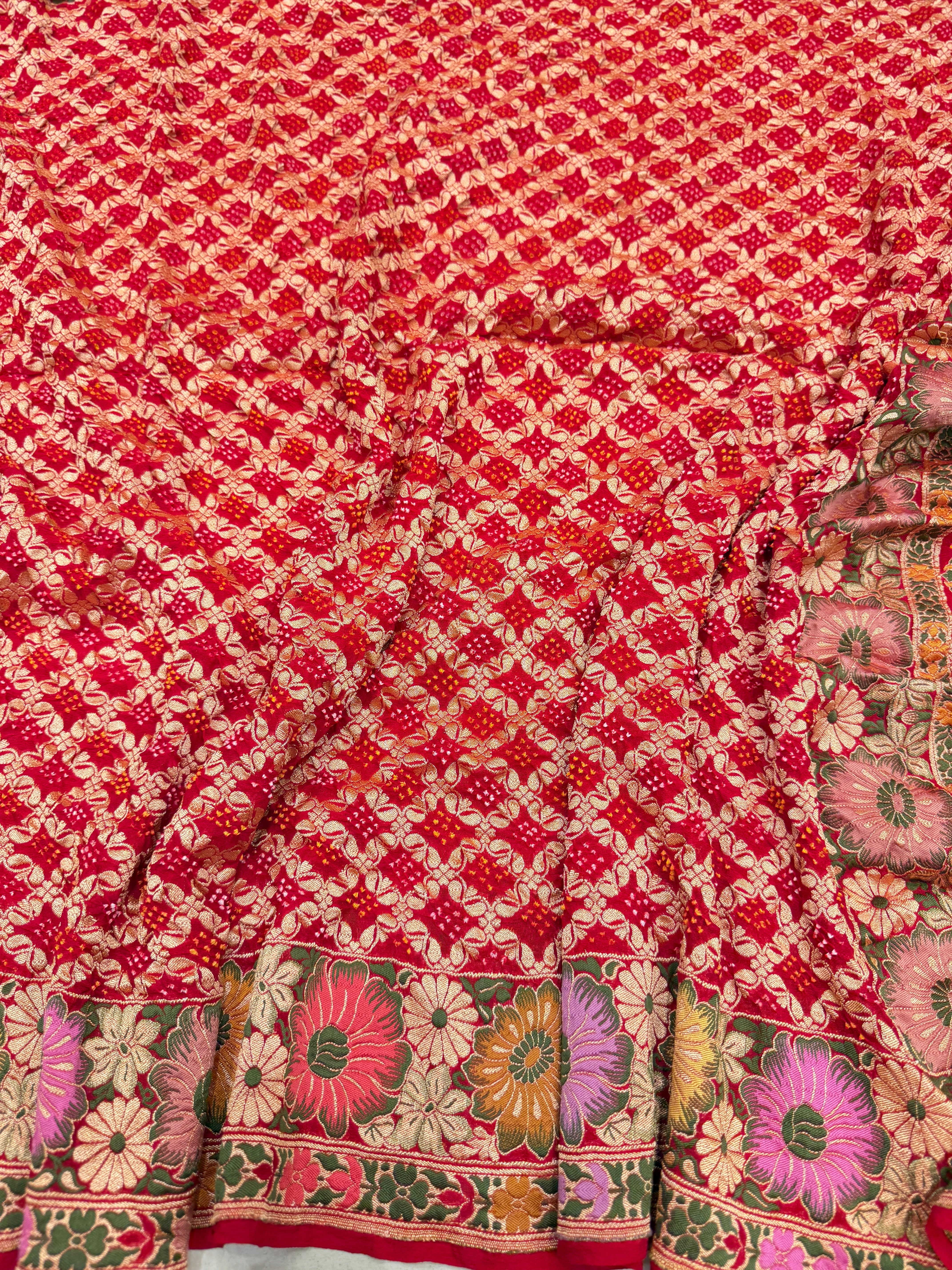 Red Meenakari Double Floral Rai Bandhej Georgette Bandhini Saree