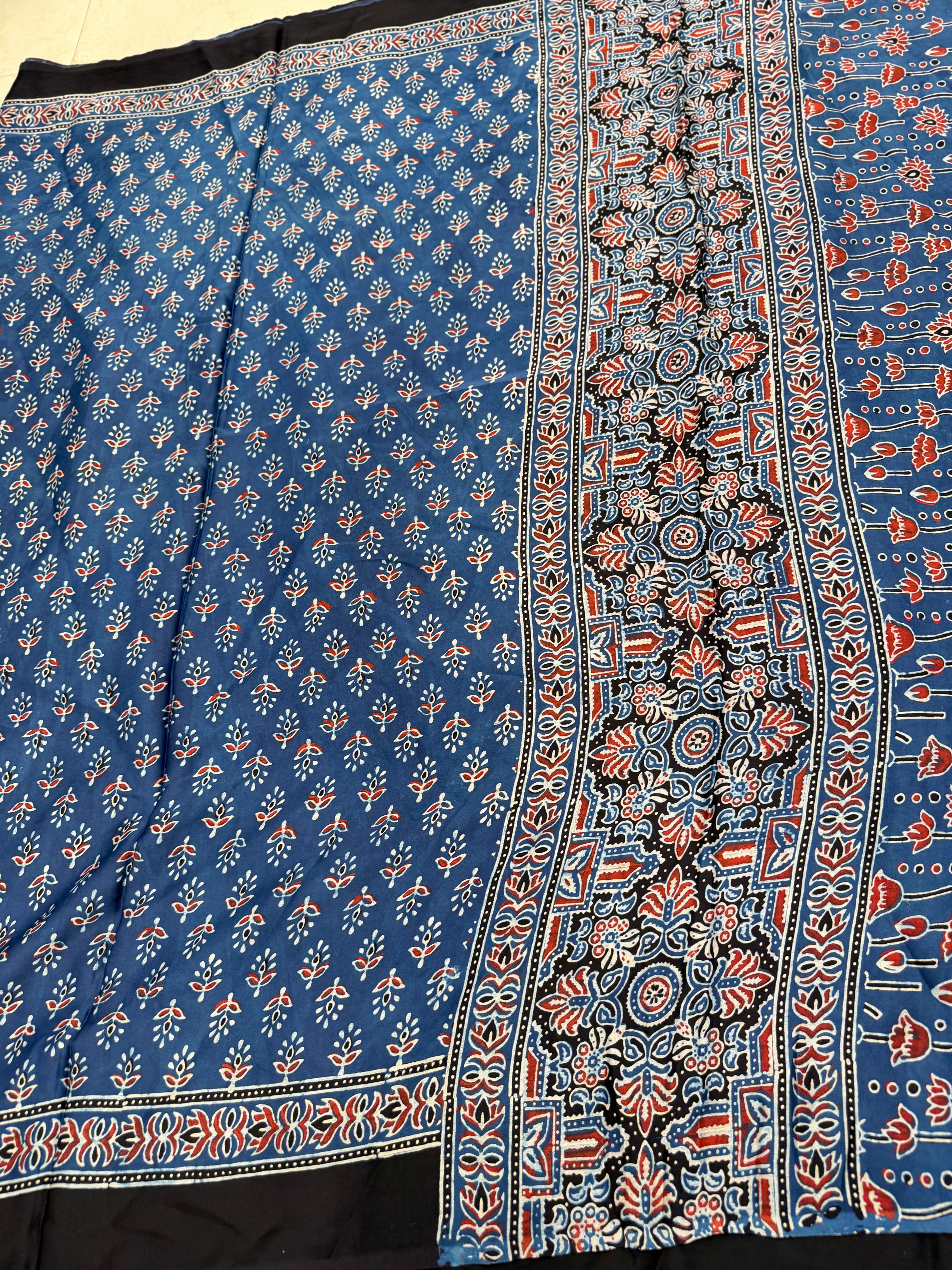 Blue Diya Buttis Ajrakh Hand Block Print Pure Gajji Silk Saree