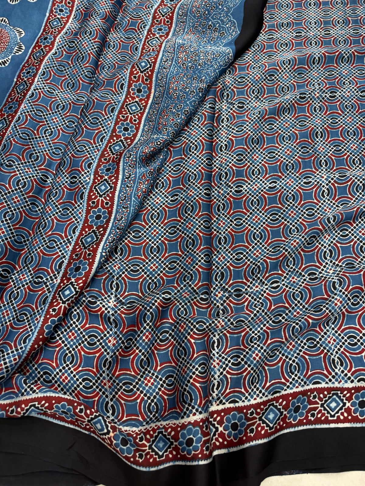 Blue Floral Butta Ajrakh Hand Block Print Pure Gajji Silk Saree