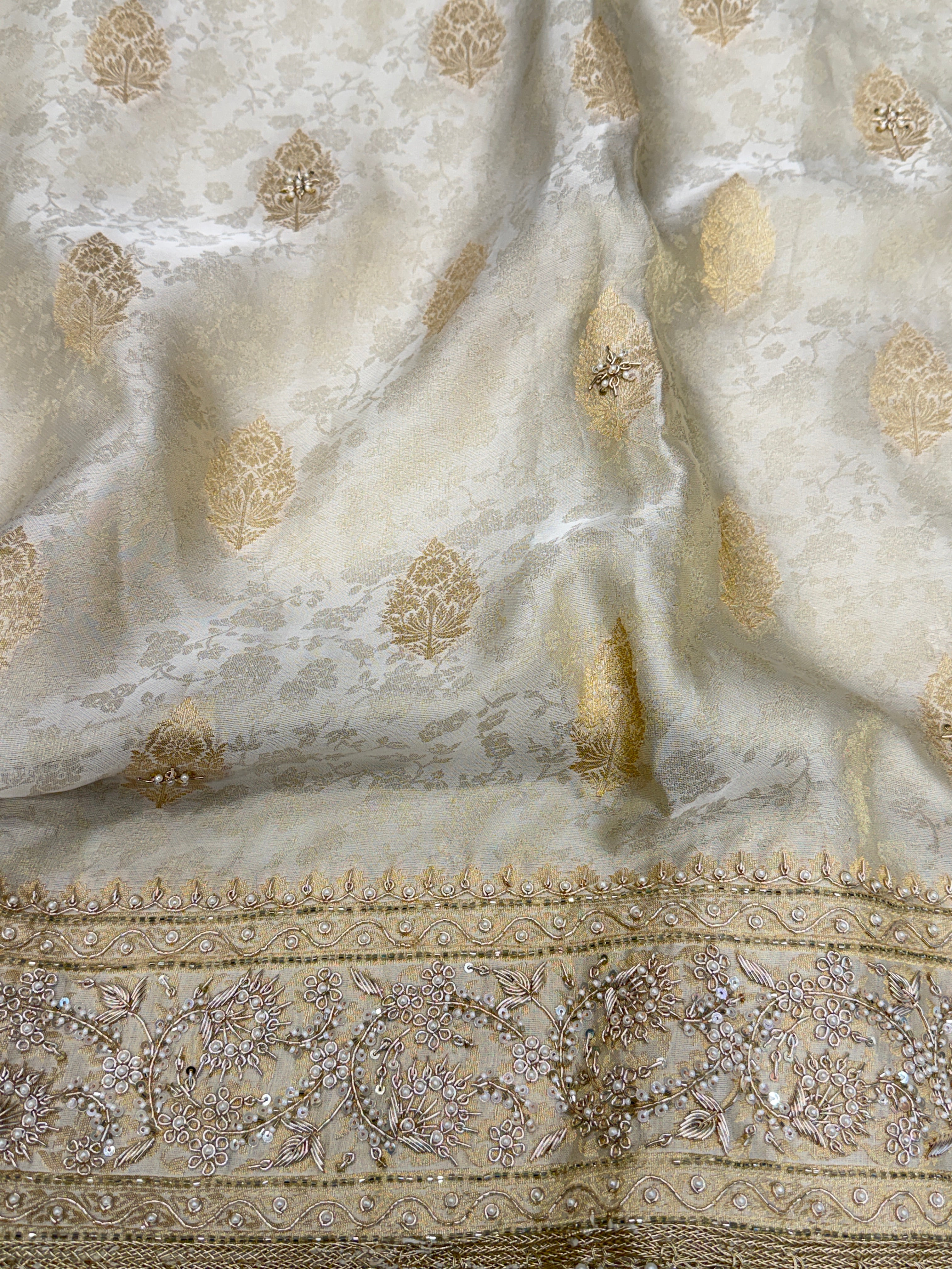 Creme Jaquard Weave Satin Zardosi Hand Embroidery Saree