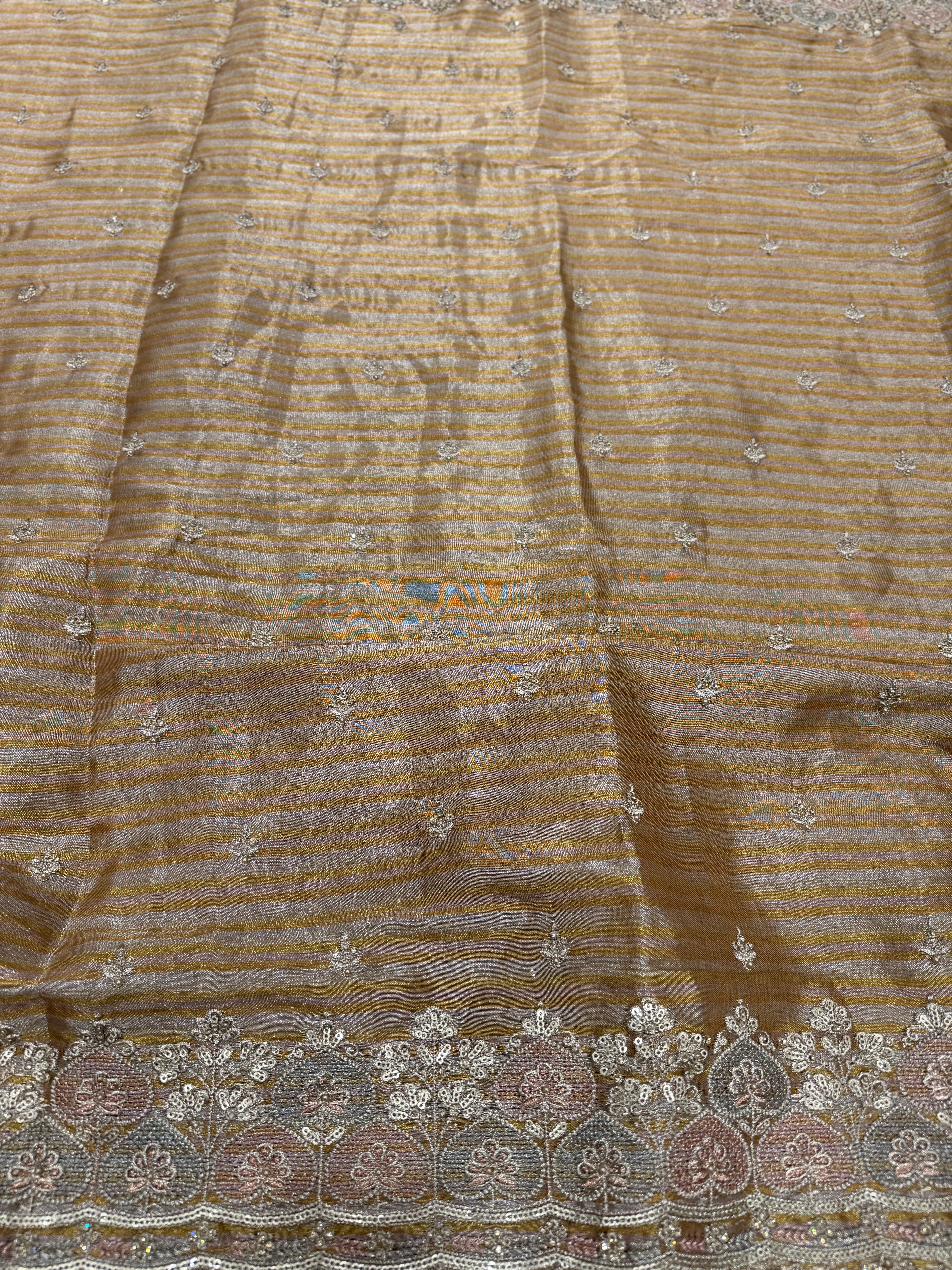 Golden Silver Soft Tissue Meenakari Pita Embroidery Saree