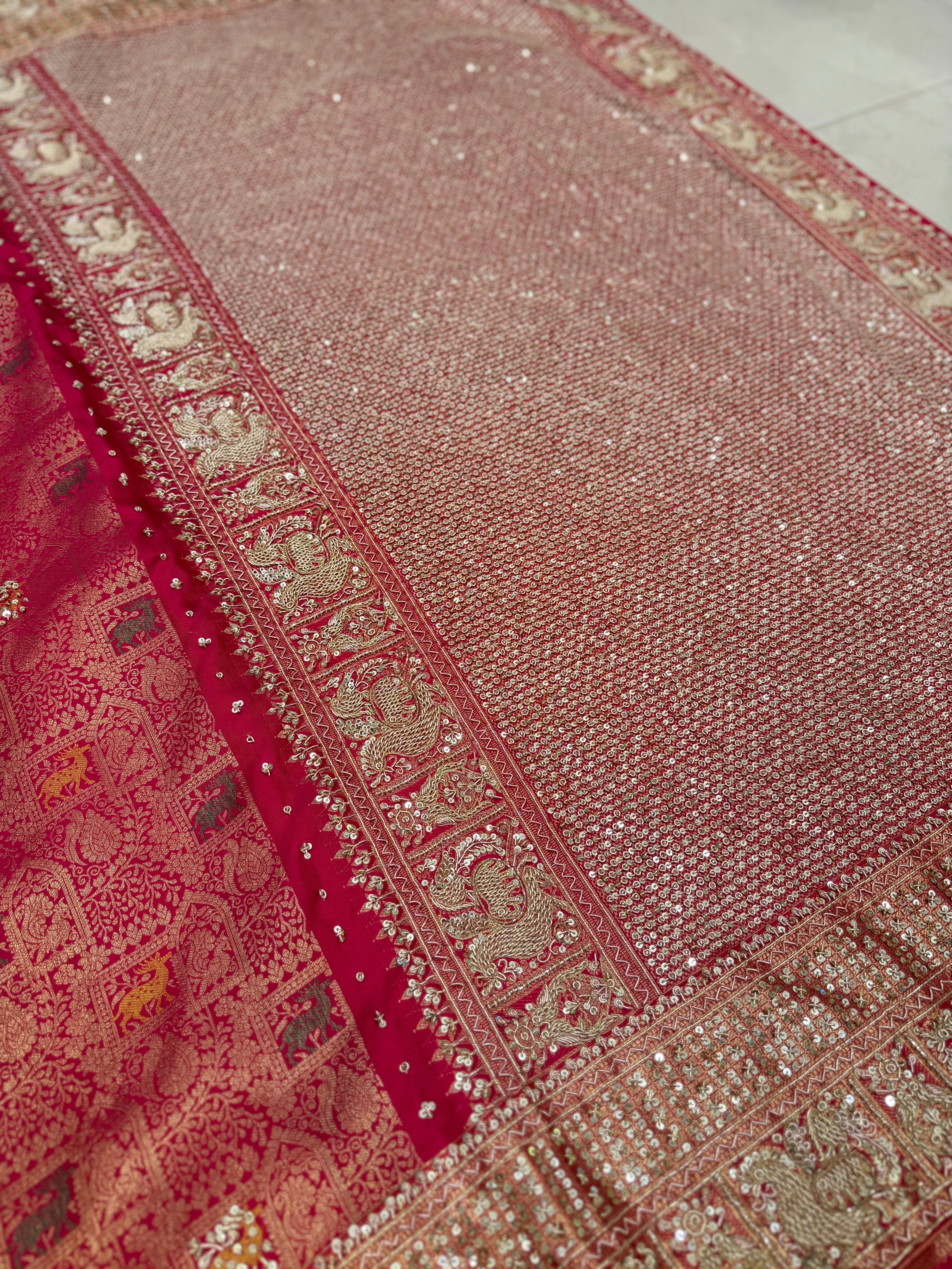 Rani Pink Peacock Motif Meenakari Hand Embroidery Zardosi Saree