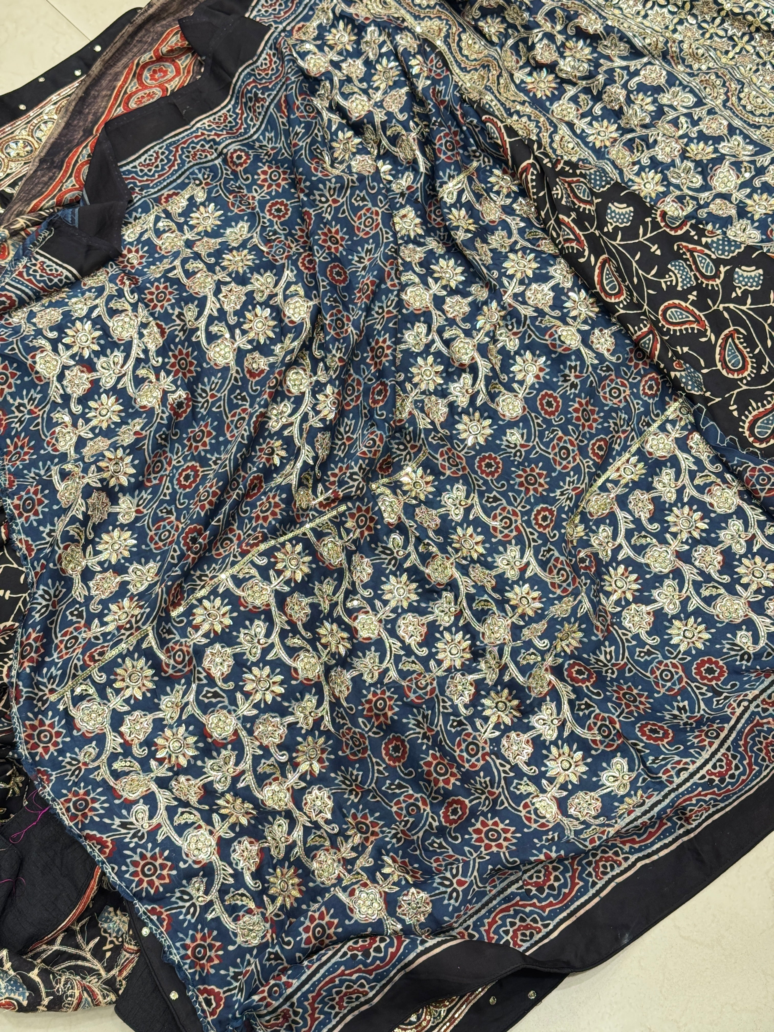 Black Blue Pallu Ajrakh Badam Jaal Hand Embroidery Zardosi and Pita Work