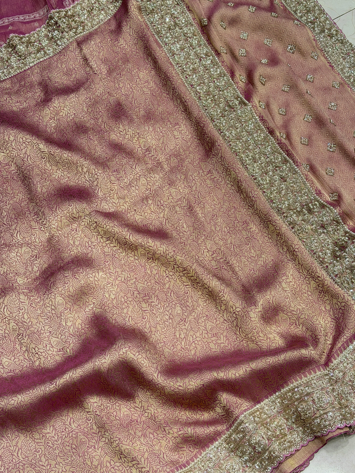 Purple Crepe Tissue Weaved Moti Cutana Embroidery Saree
