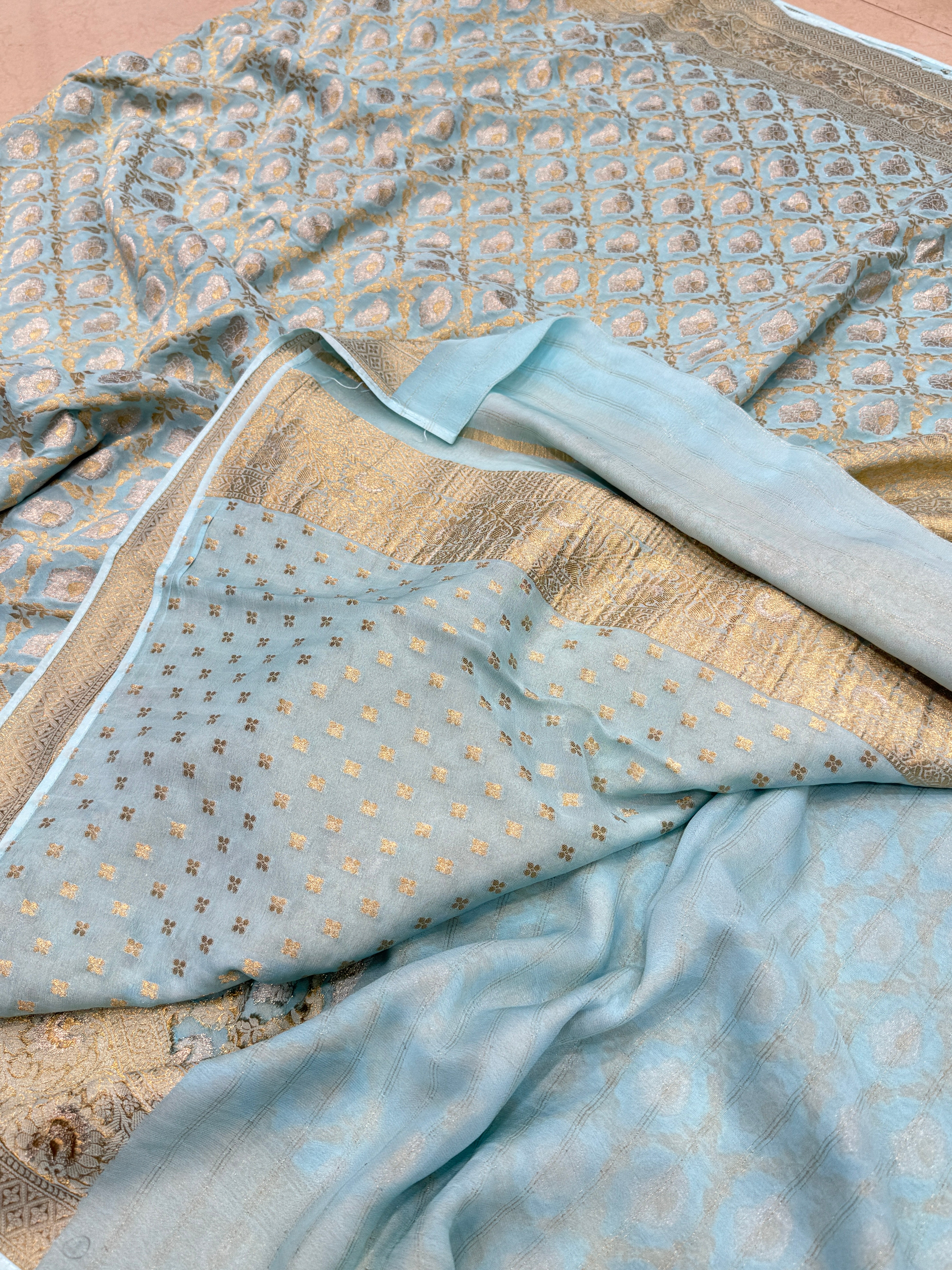 Light Blue Sliver Butta with Gold Georgette Saree