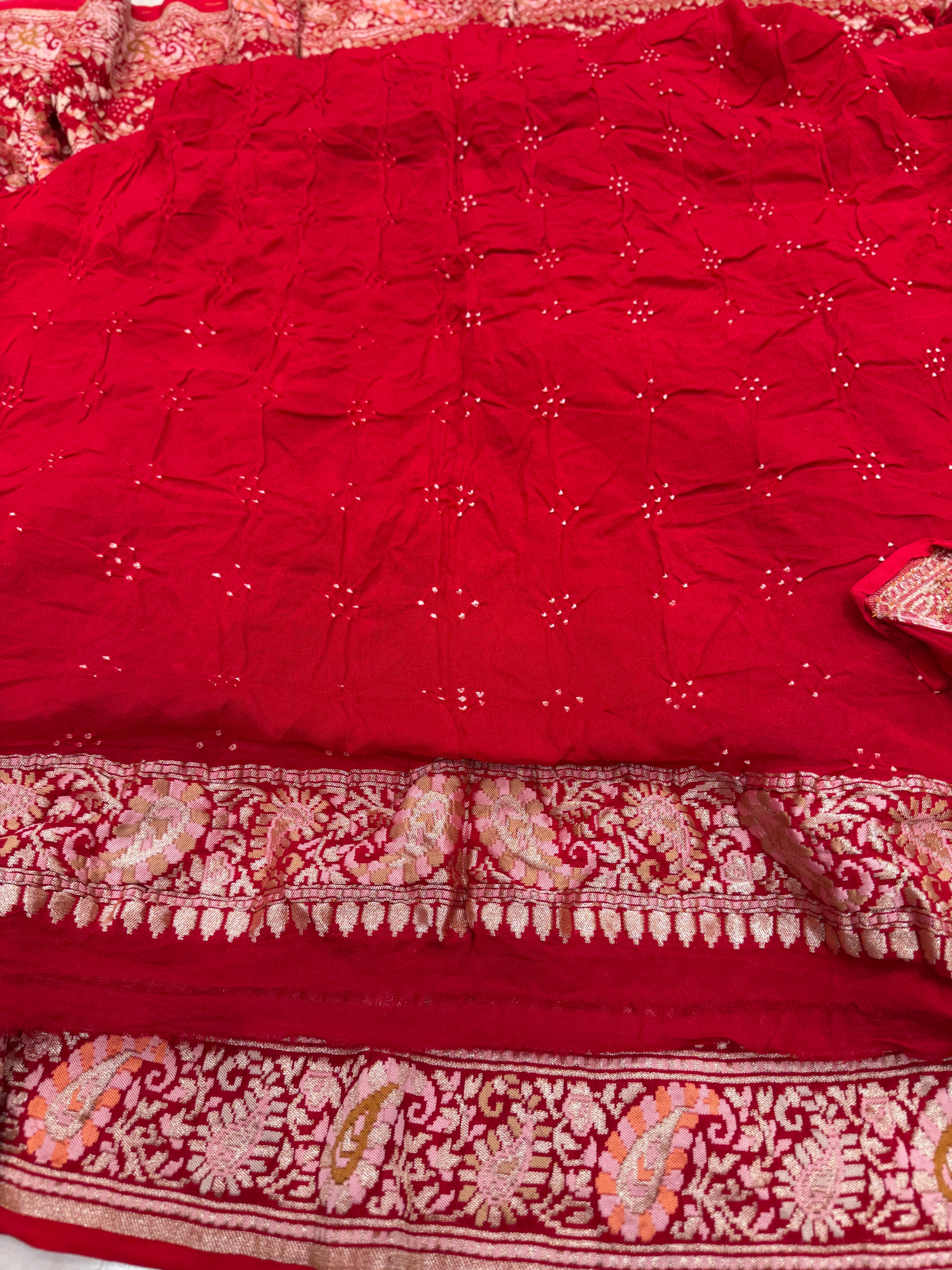 Red Double Border Meenakari Rai Bandhej Georgette Bandhini Saree