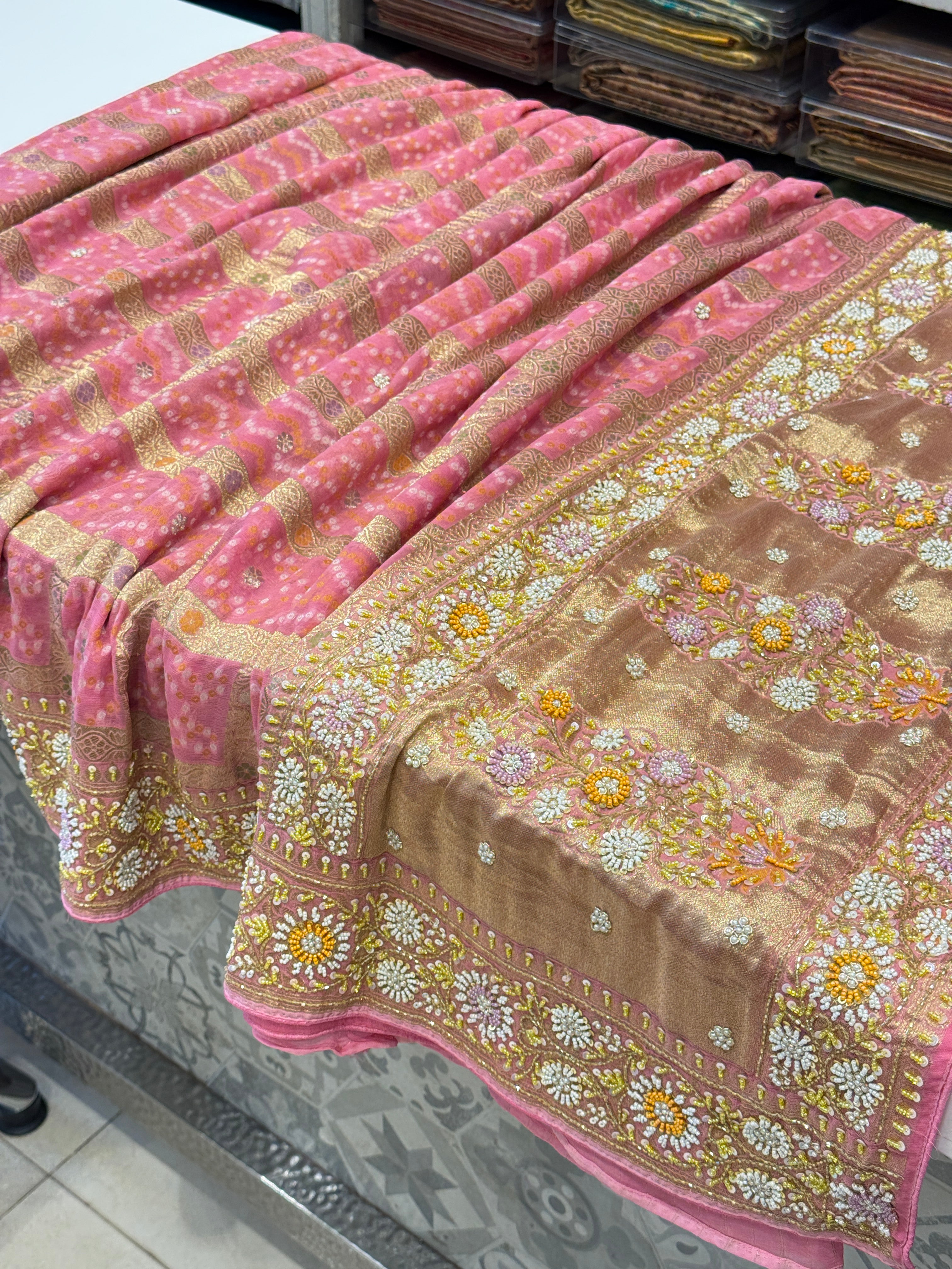 Pink Gharchola Meenakari Georgette Moti Zardosi Hand Embroidery Saree