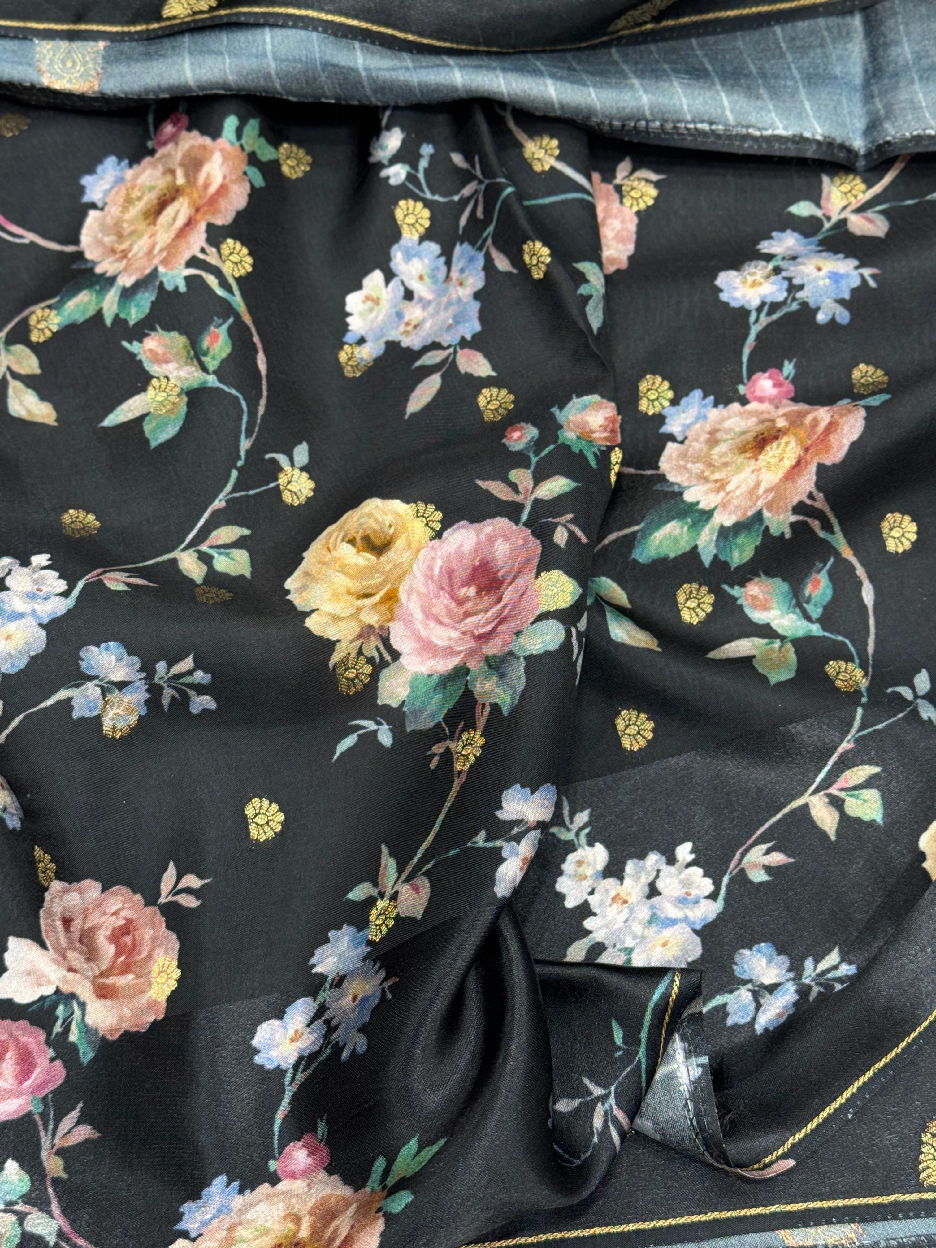 Black Printed Silk Satin Border Saree