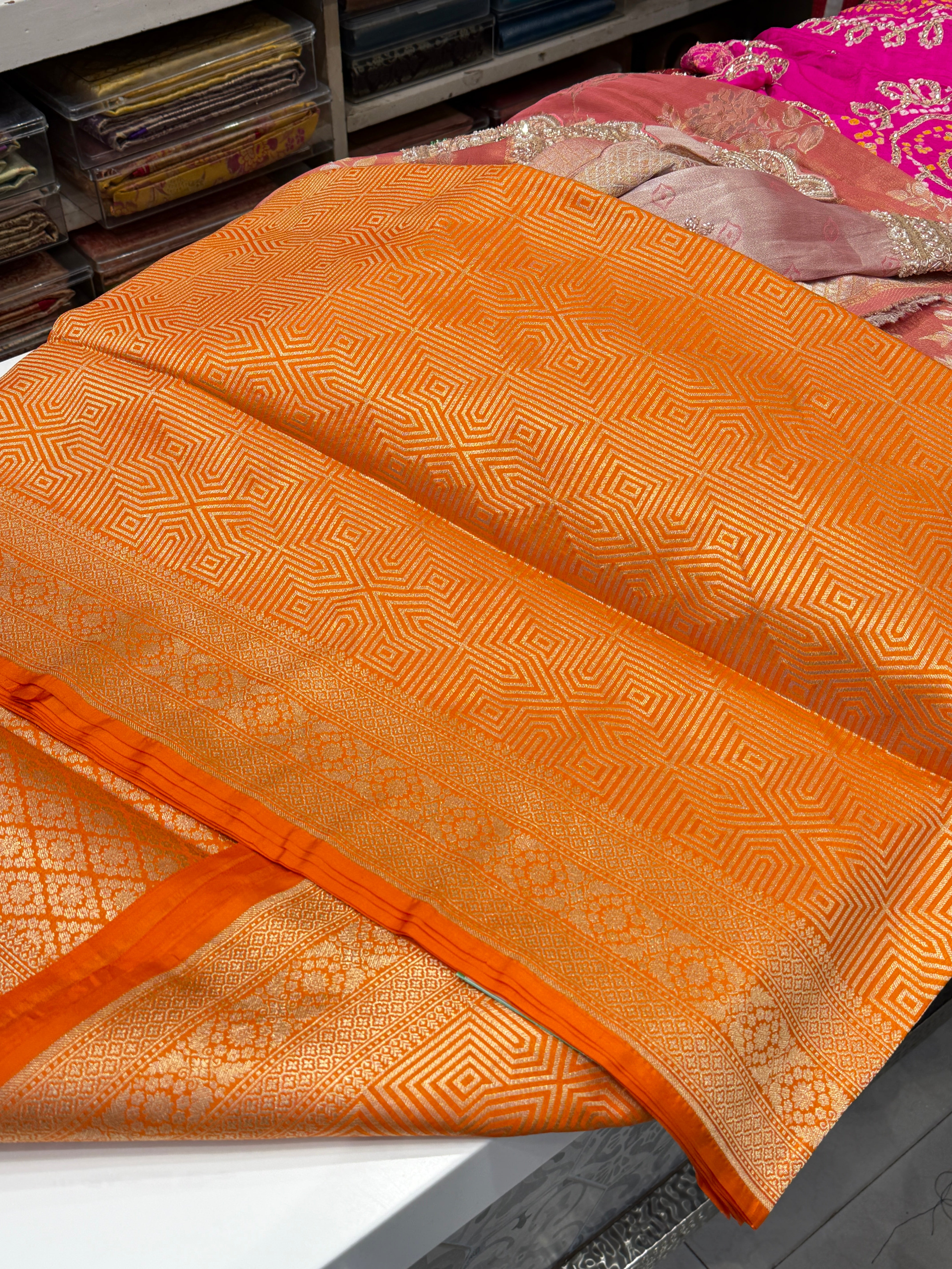 Rust Orange Handloom Banarasi Katan Silk Brocade Contemporary Saree
