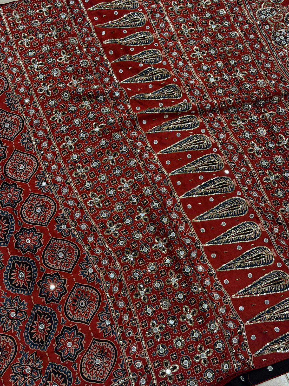 Red Badam Jaal Ajrakh Real Mirror Moti Sequin Hand Embroidery Saree