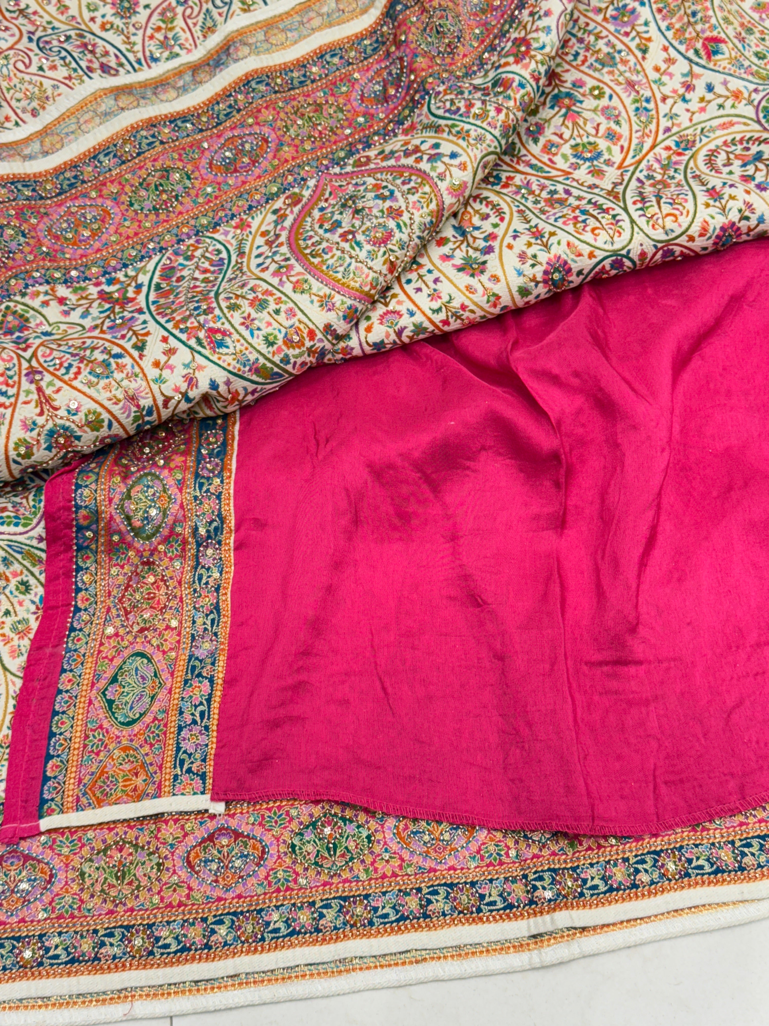 Moti White Banarasi Munga Pashmina Style Hand Embroidery Saree