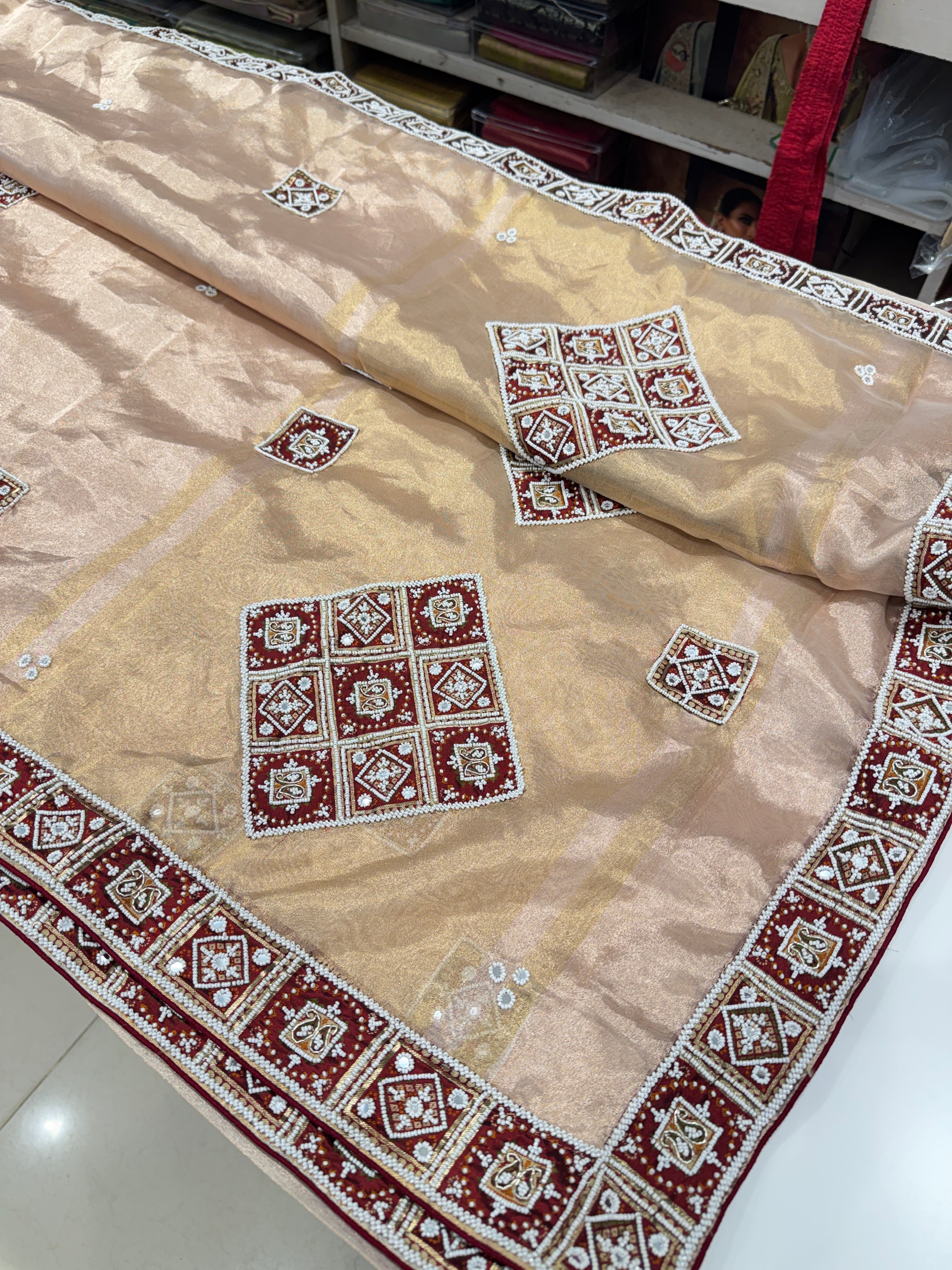 Pink Tissue with Patan Patola Kidiya Moti Hand Embroidery Saree