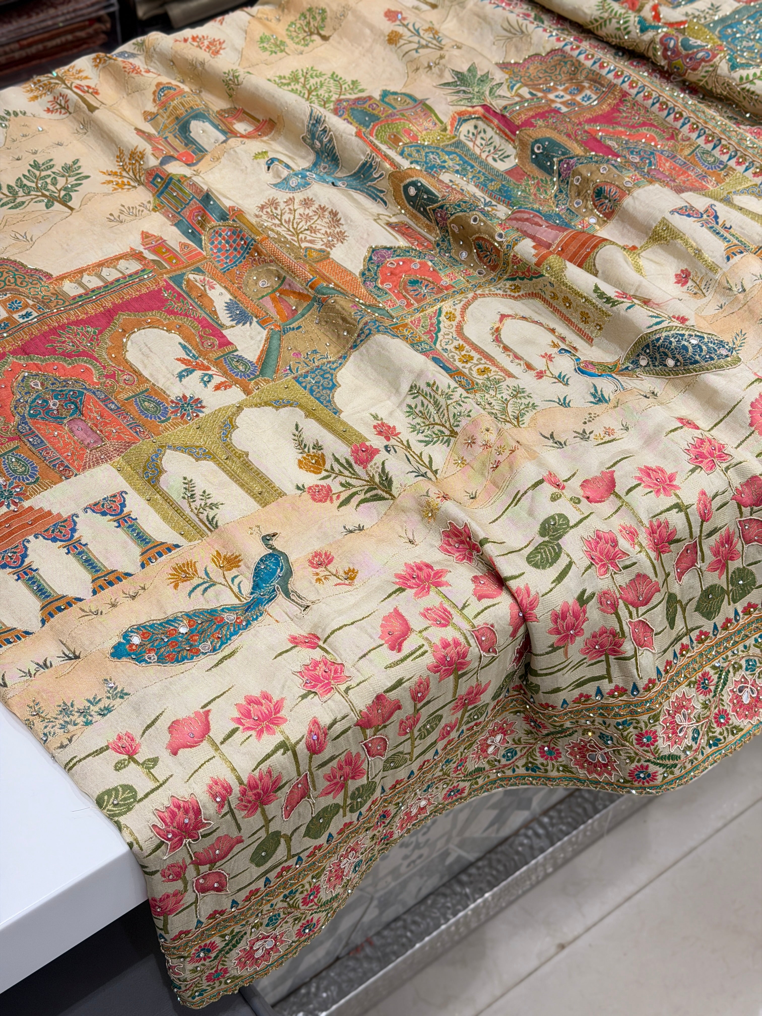 Beige Palace Landscape Hand Embroidery Pashmina Saree