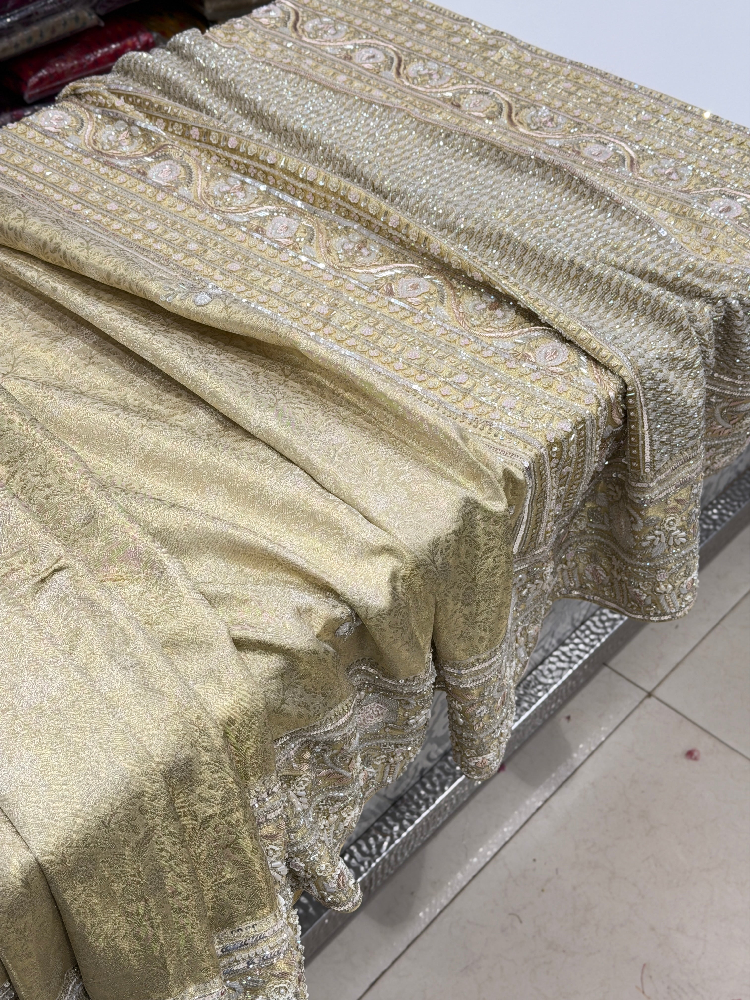 Light Golden Kanjivaram Moti Zardosi Hand Embroidery Saree