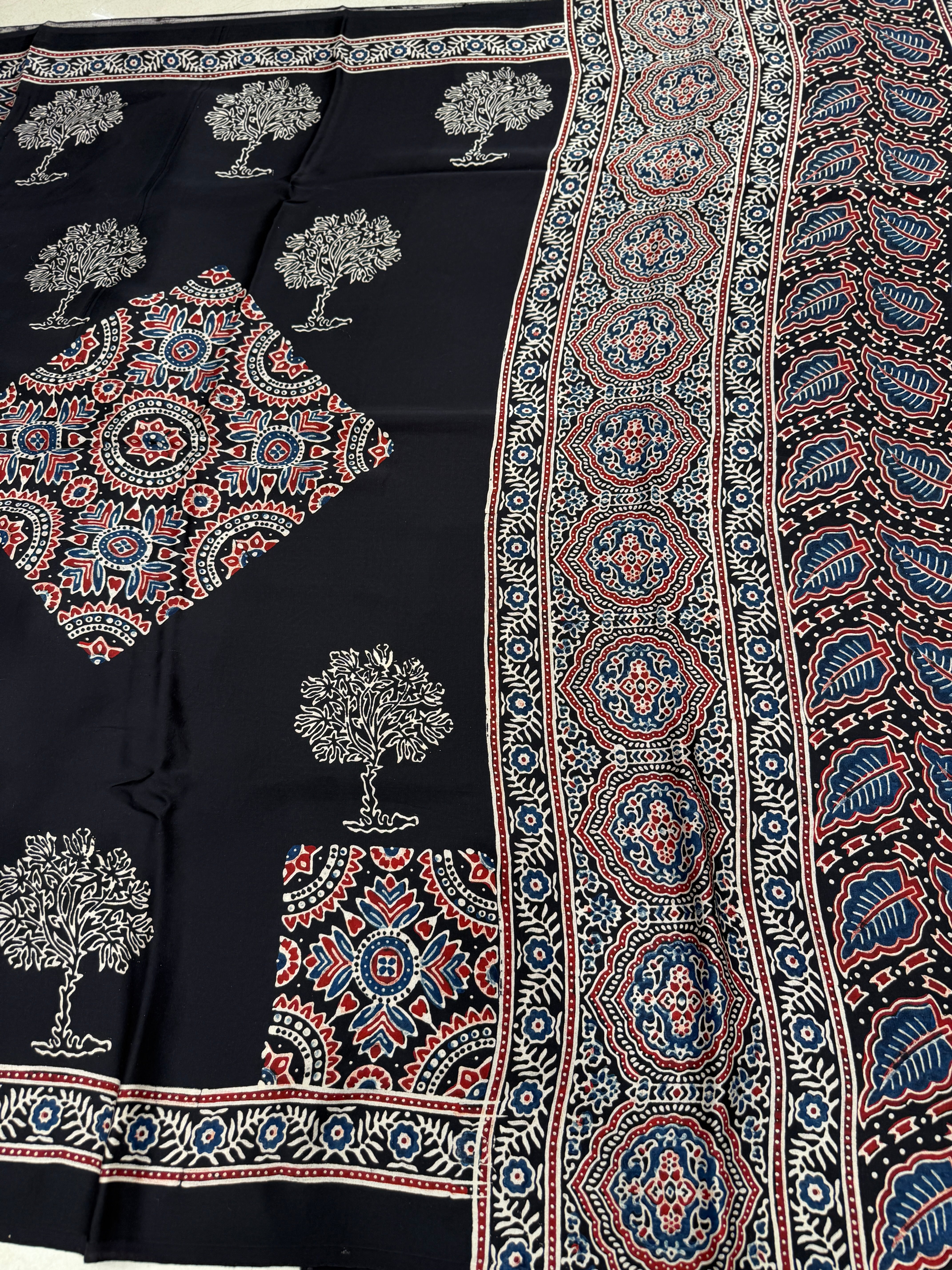 Black Contemporary Butta Ajrakh Hand Block Print Pure Modal Silk Saree
