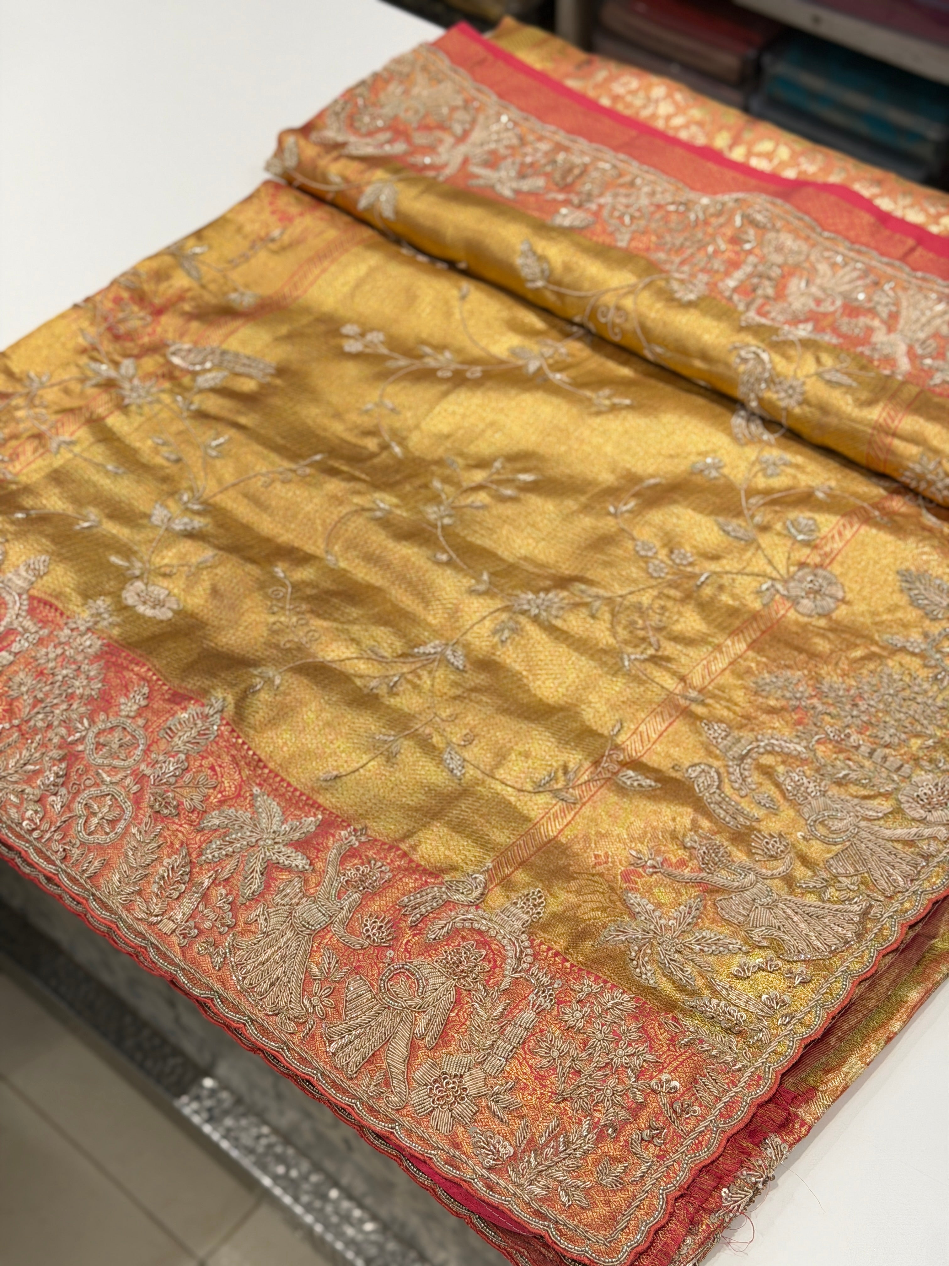 Rose Tissue Kanjivaram Zardosi Hand Embroidery Doli Edit Saree