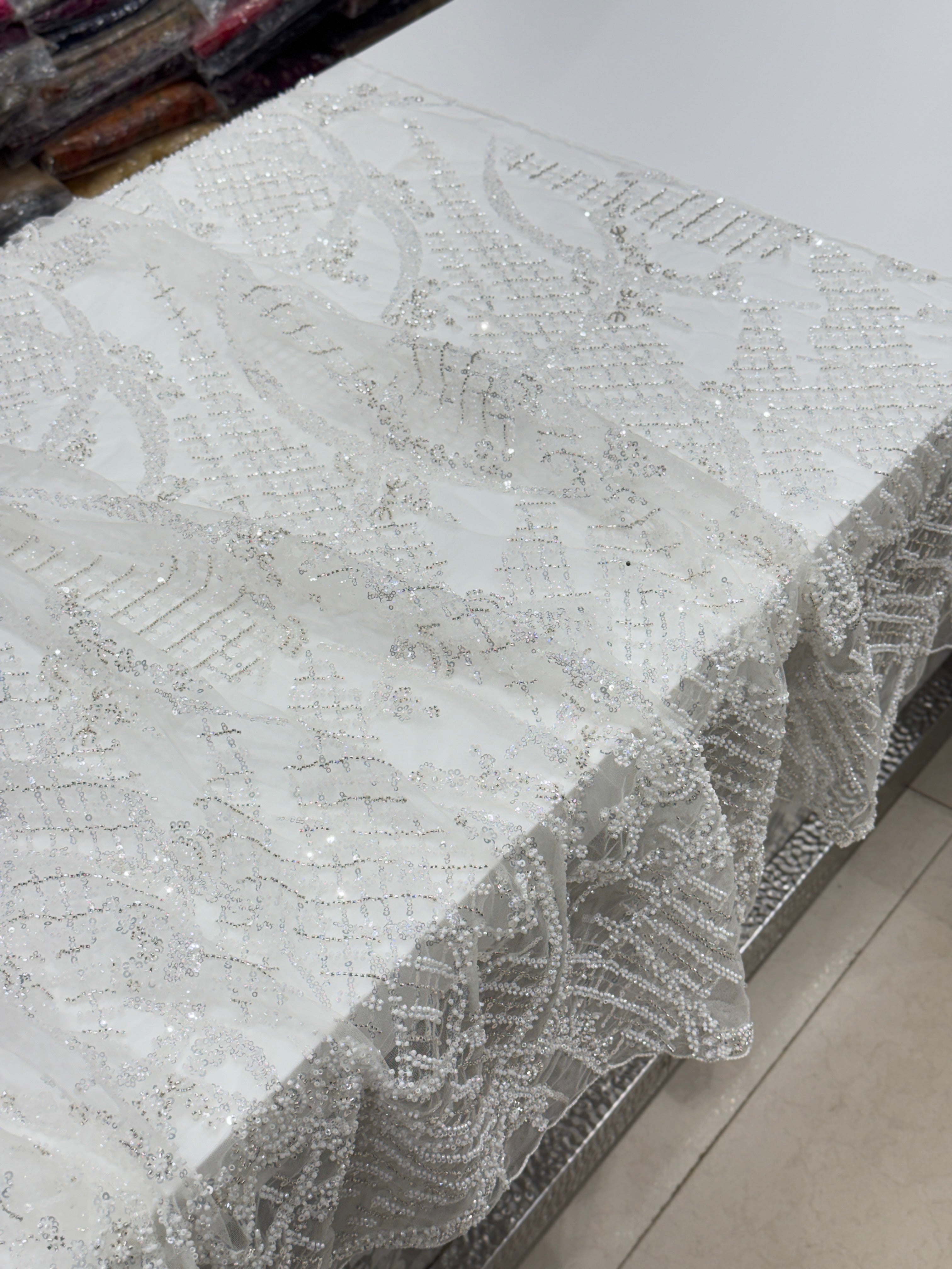 White Net Embroidery Moti Cutdana Soft Saree