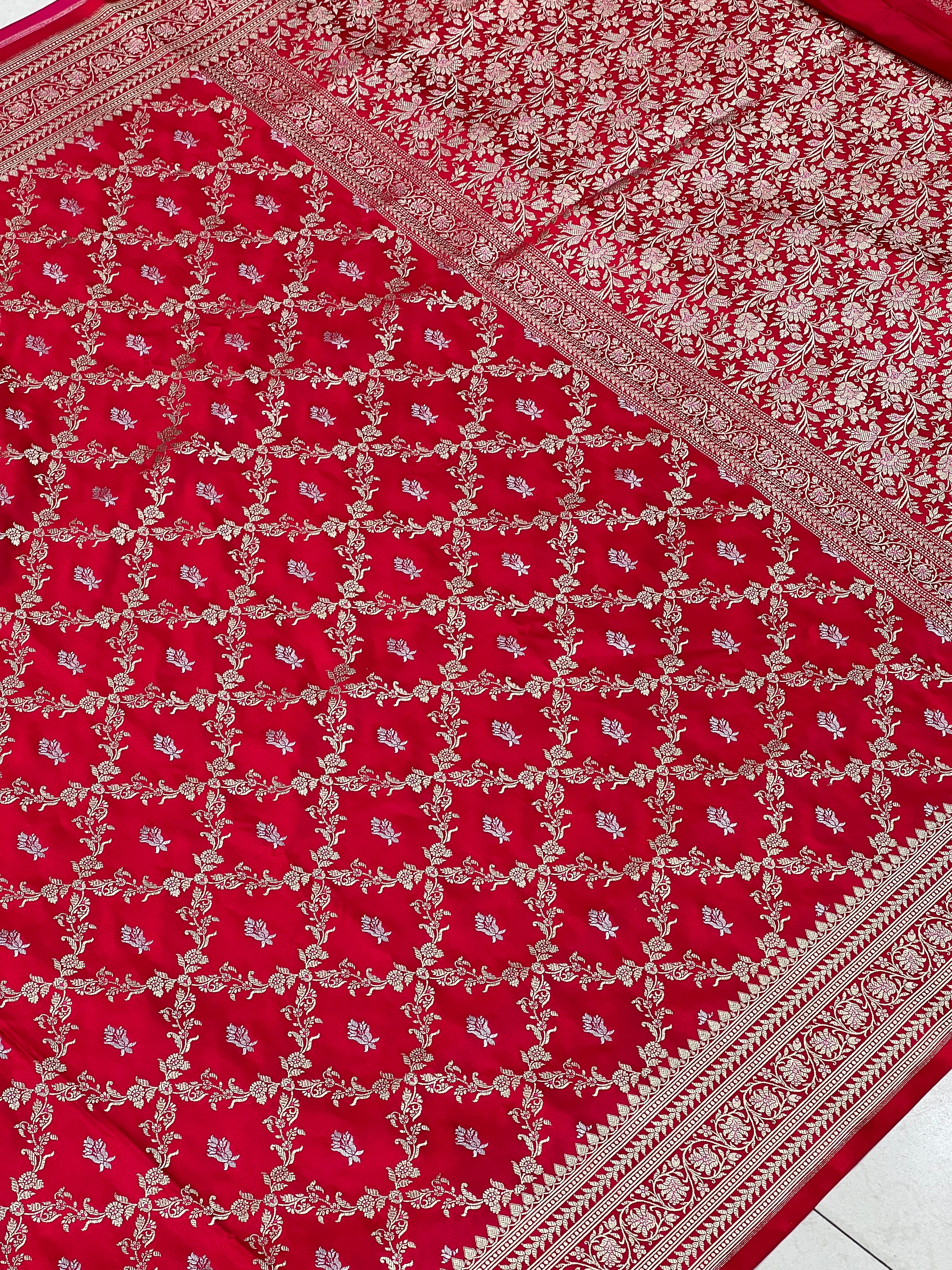 Red Banarasi Silk Criss Cross Butti Saree