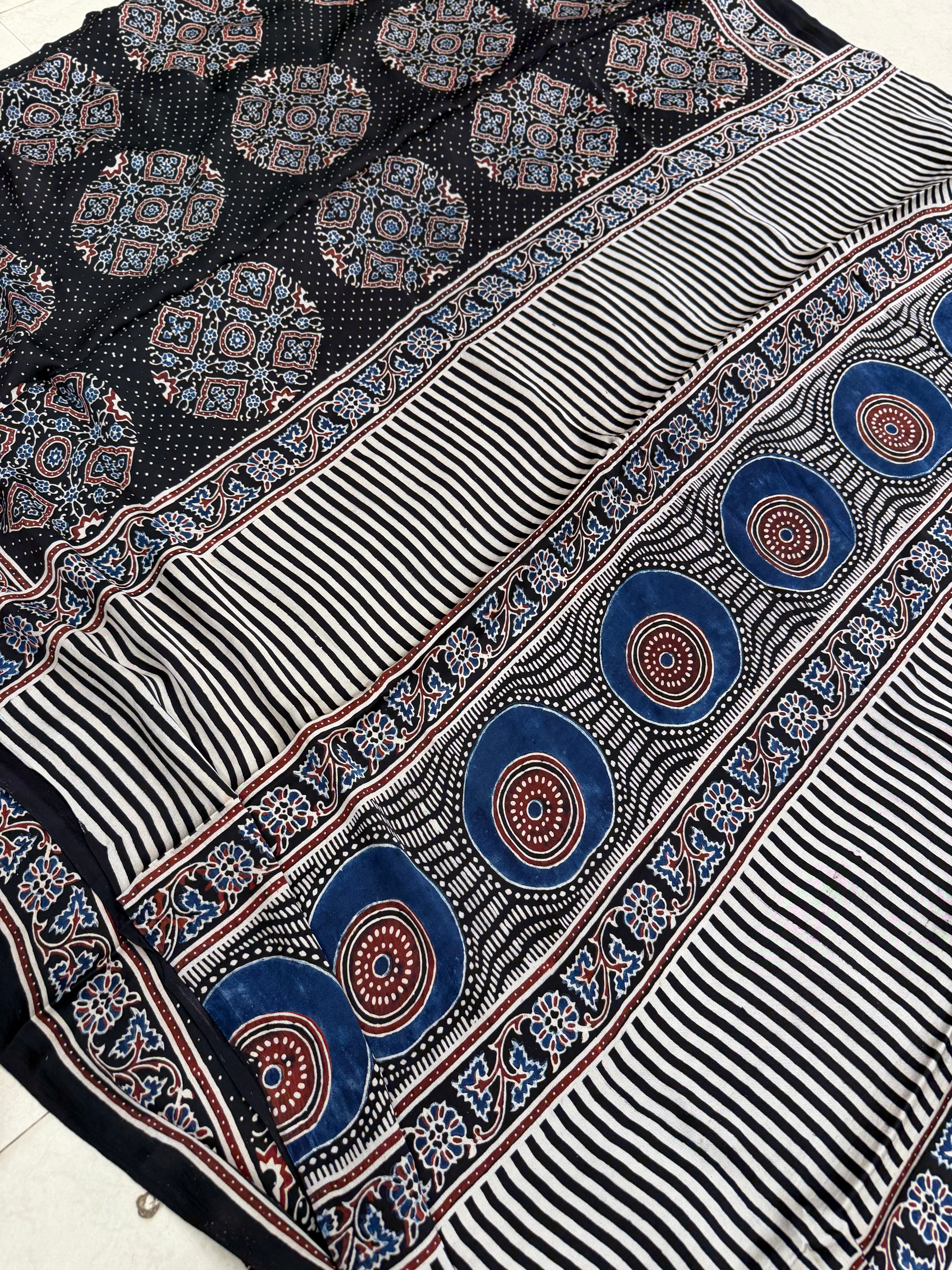 Black Contemporary Ajrakh Hand Block Print Pure Gajji Silk Saree