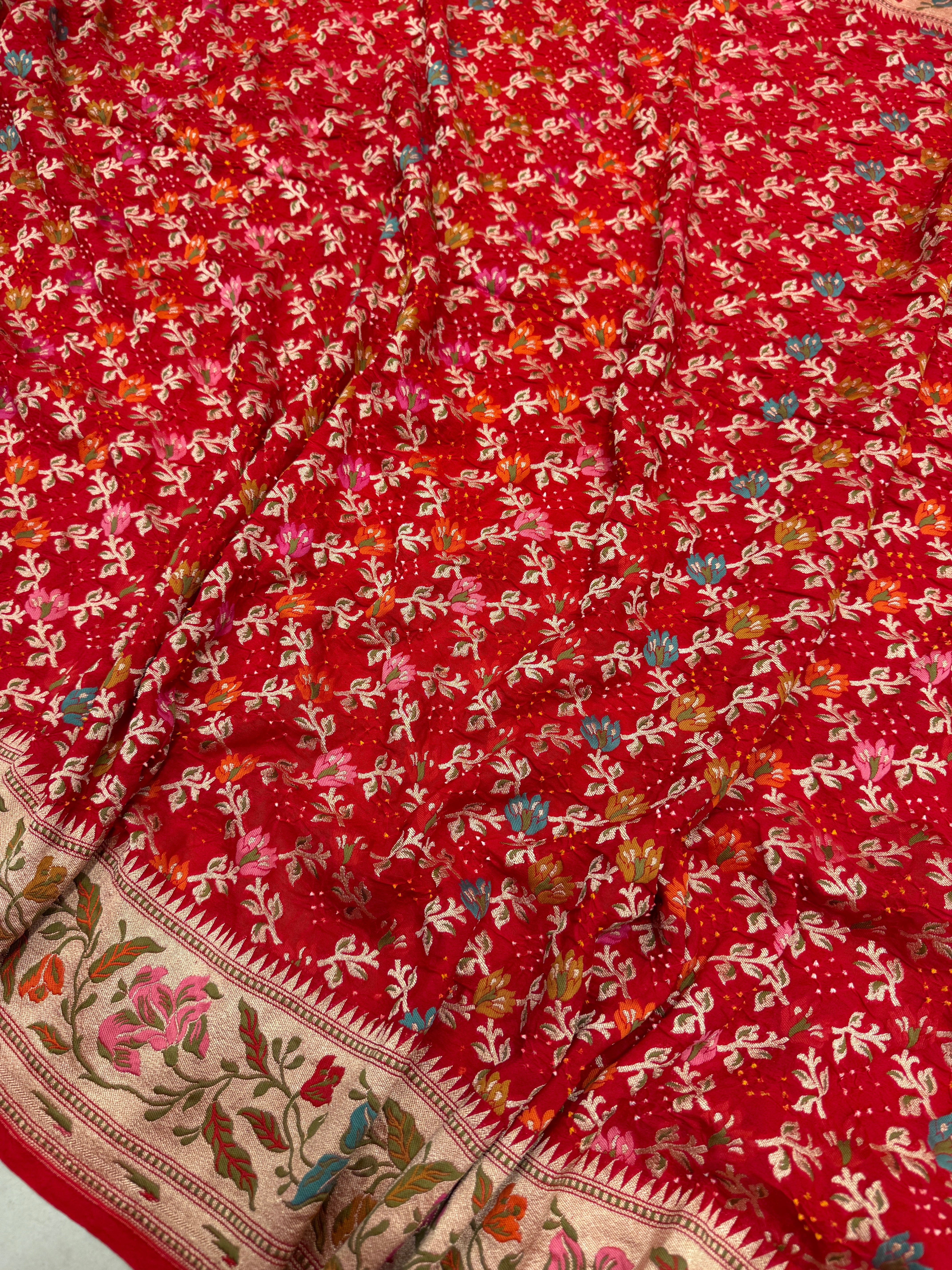 Red Meenakari Floral Jaal Rai Bandhej Georgette Bandhini Saree