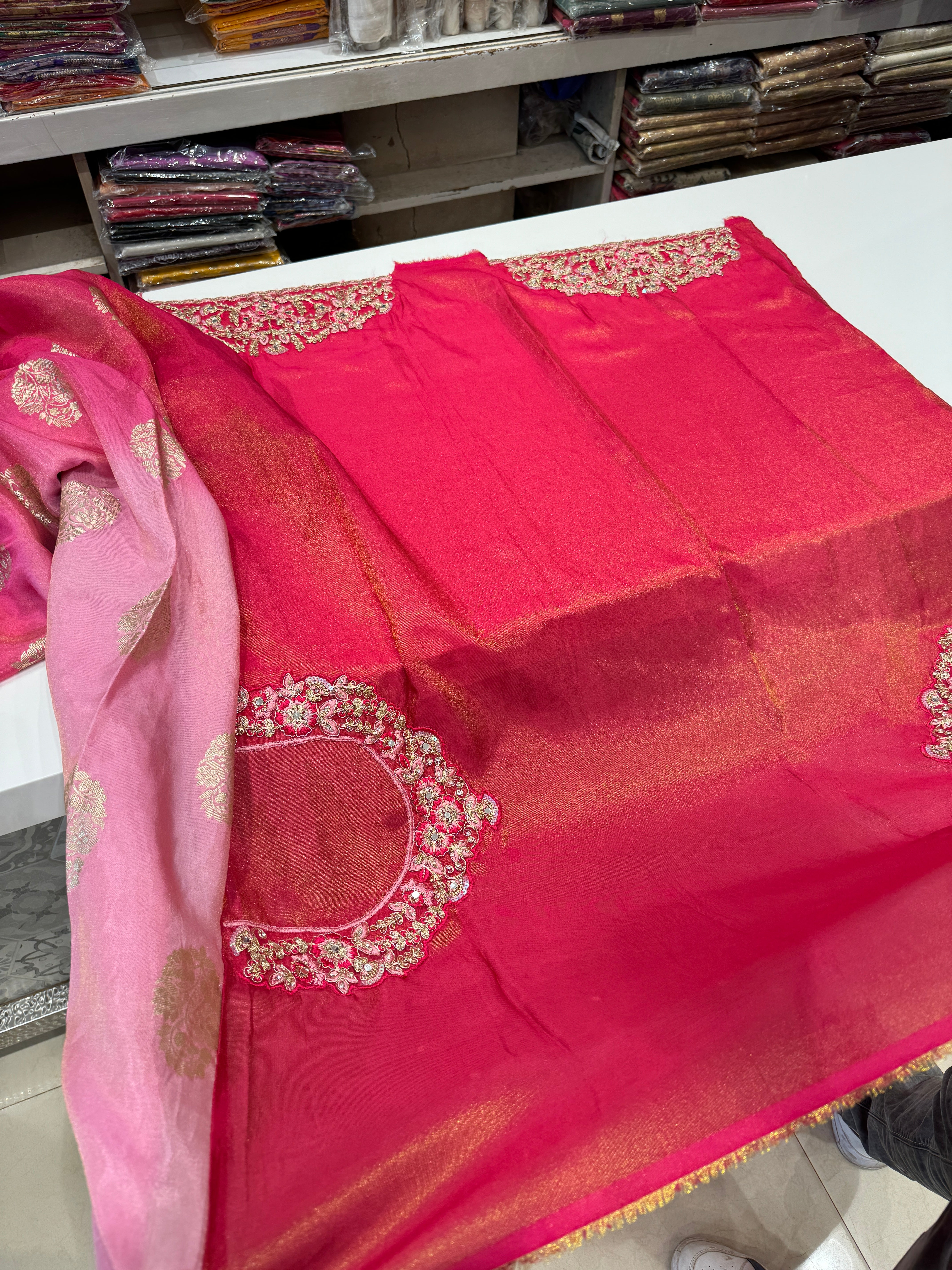 Rani Shaded Crepe Tissue Embroidery Saree