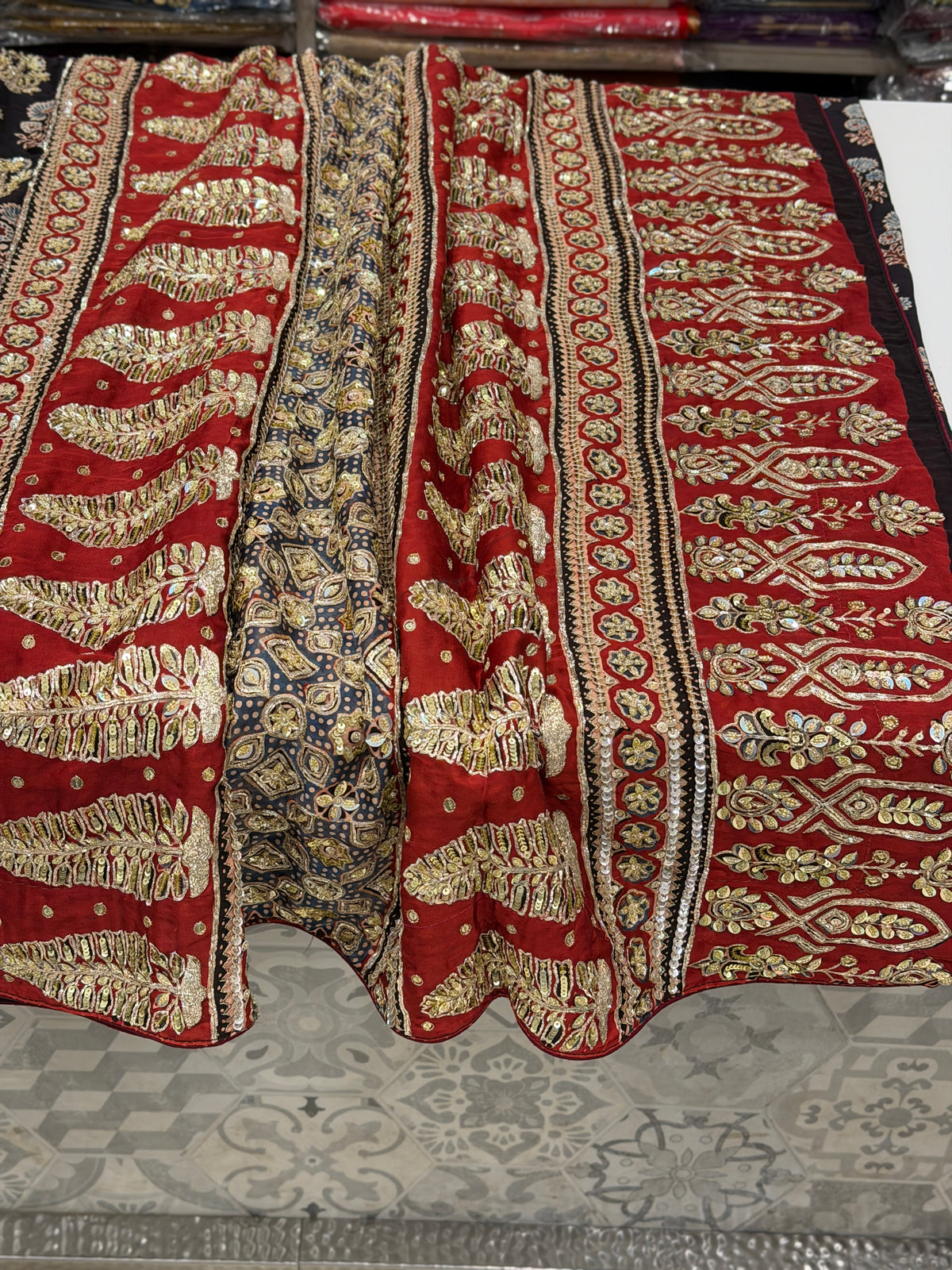 Black 3 Floral Butta Pita Zardosi Sequin Ajrakh Hand Embroidery Saree
