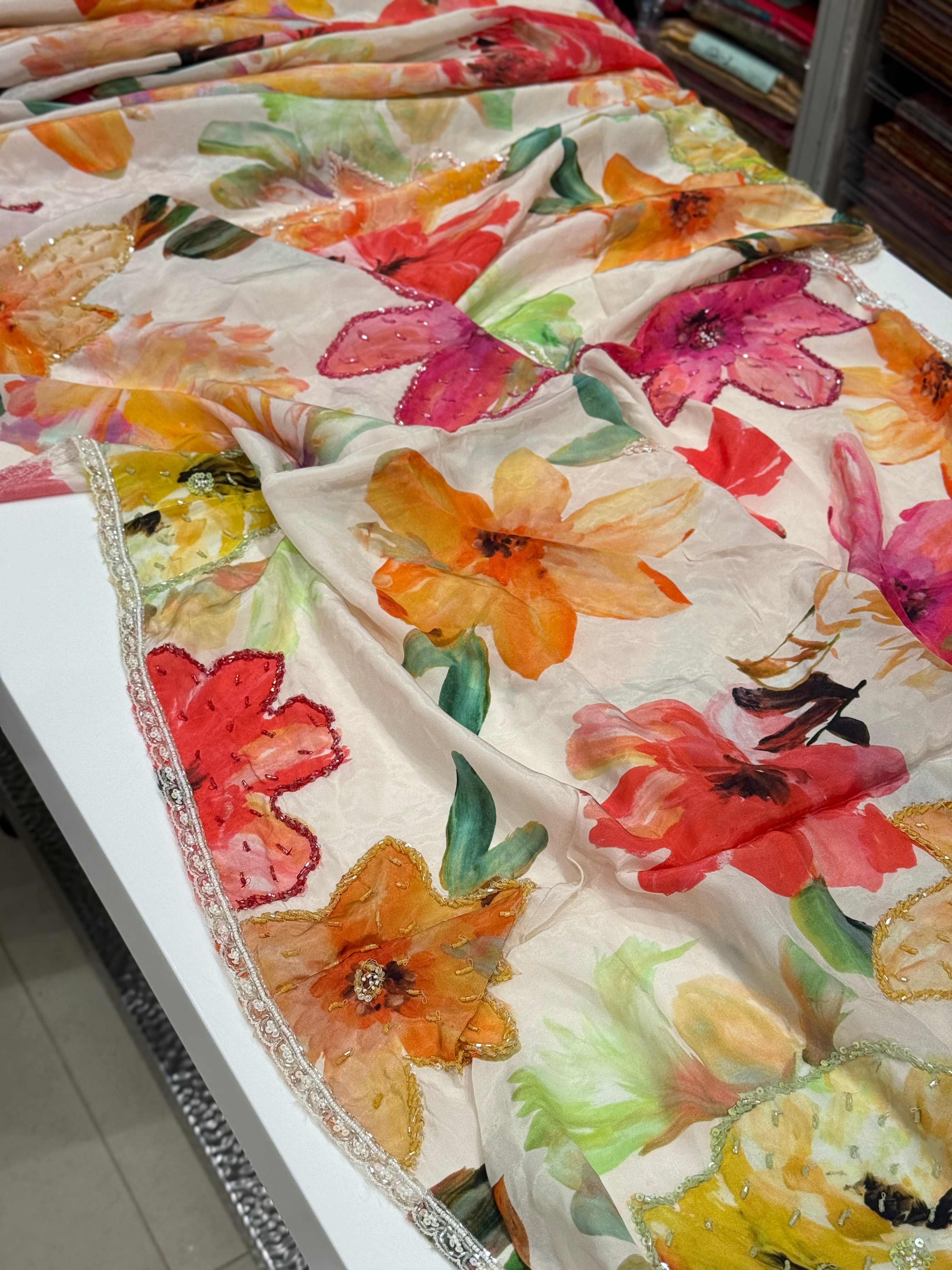 Multi Colour Print Muslin Hand Embroidery Saree