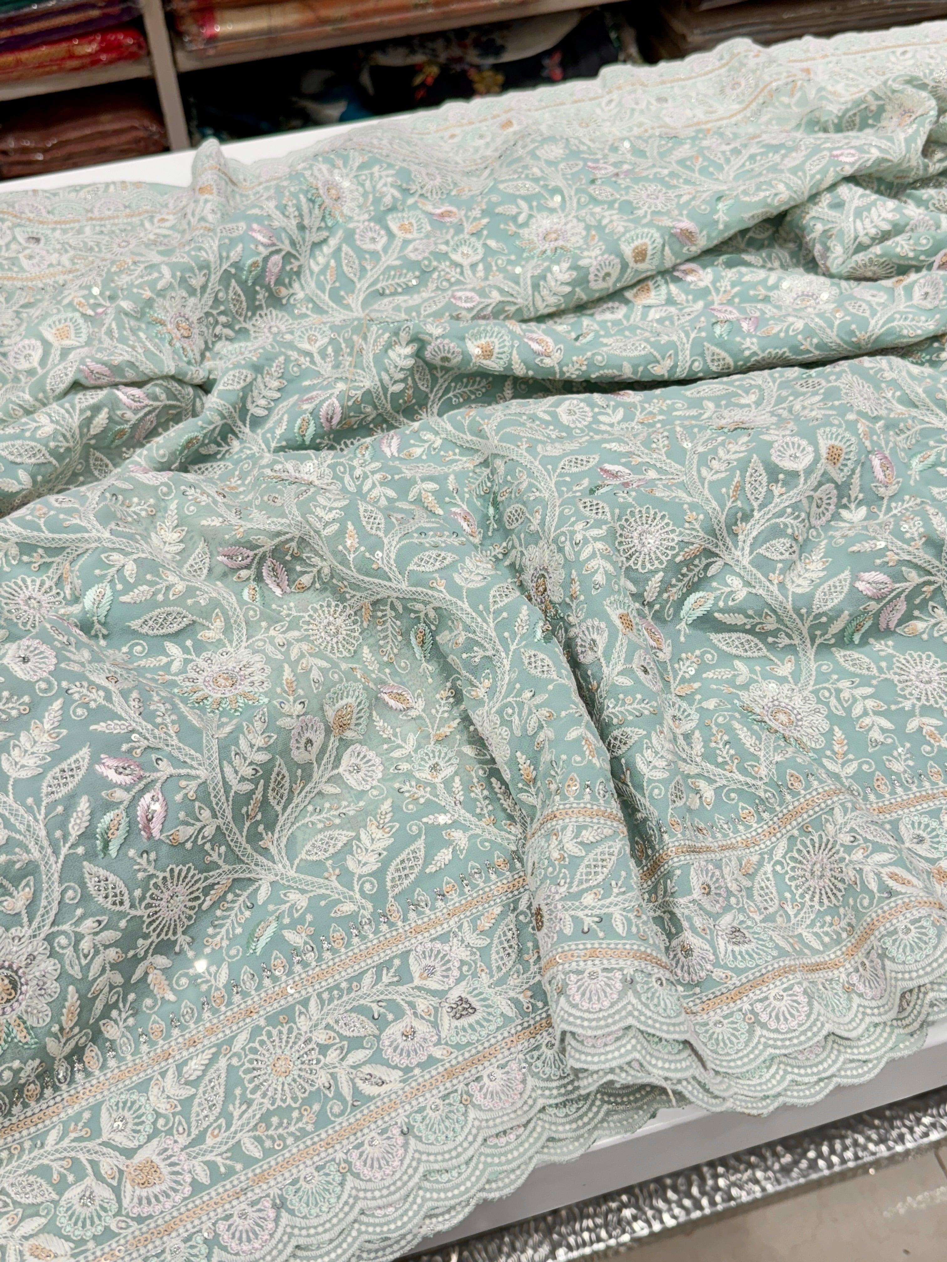 Sea Green Meenakari Chikankari Scallop Design Saree
