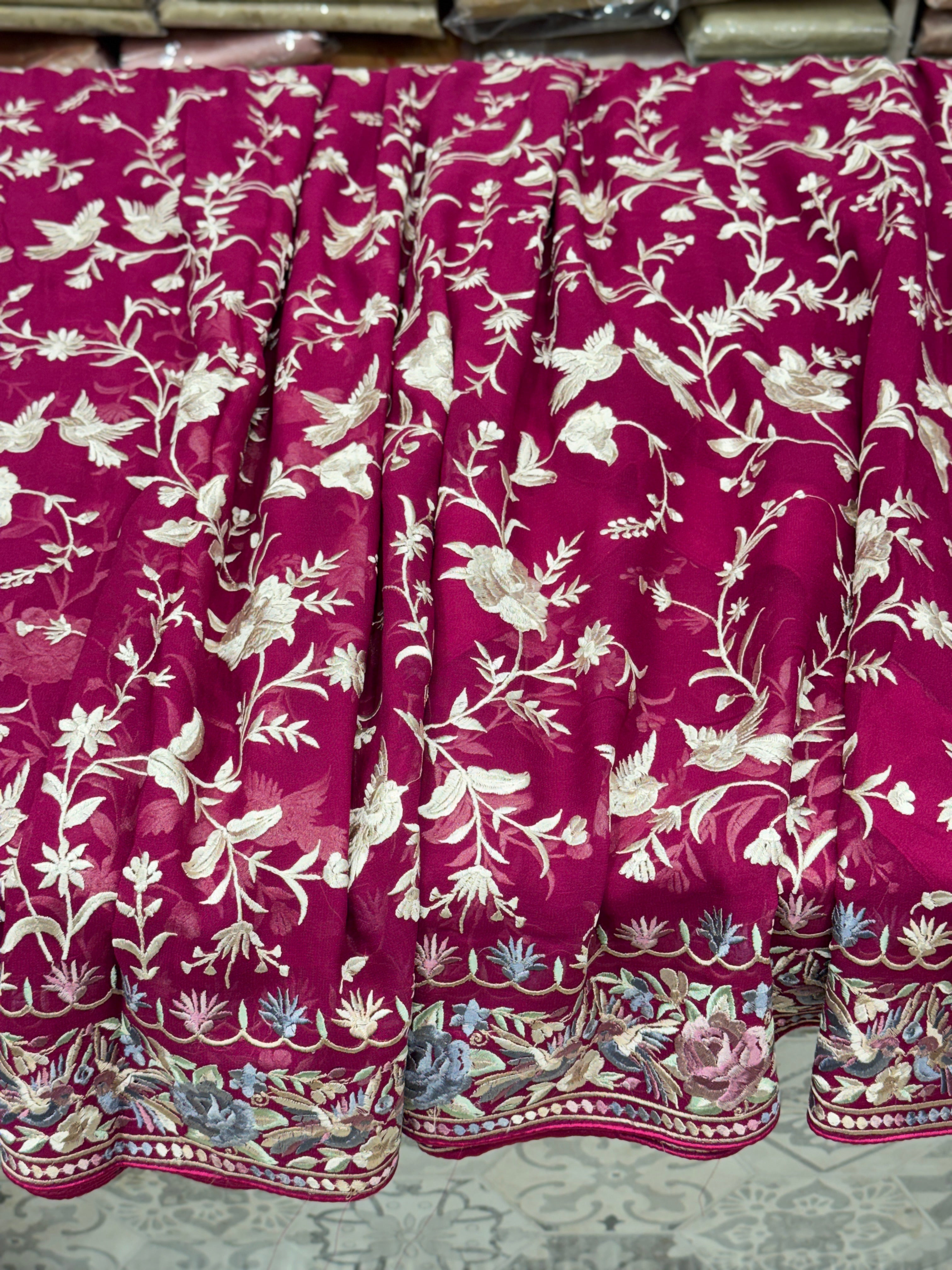 Cross Wine Persian Jaal Loving Birds Parsi Gara Saree