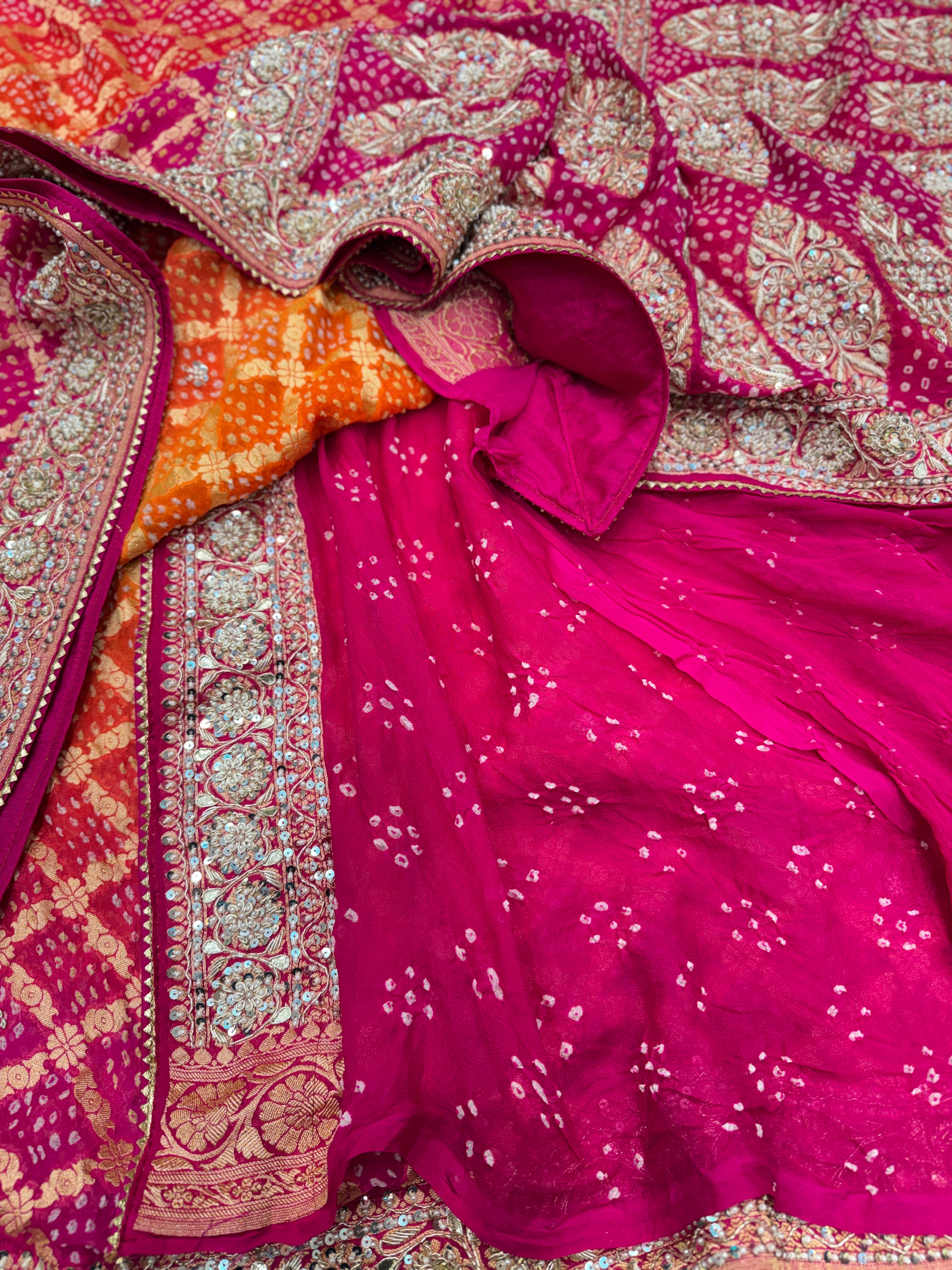 Orange Rani Shaded Bandhej Zardosi Embroidery Saree