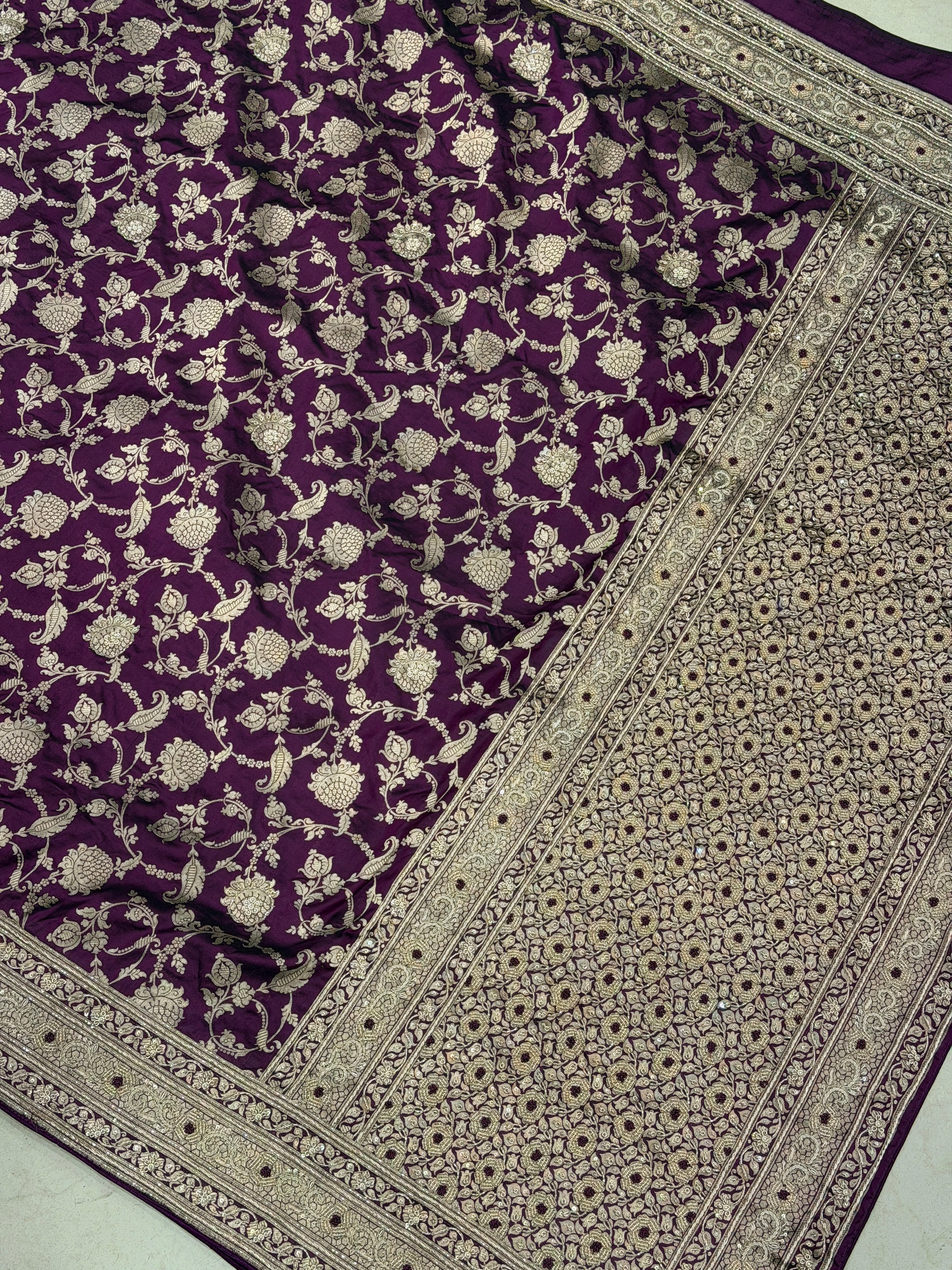 Wine Jaal Handloom Banarasi Katan Silk Zardosi Hand Embroidery Saree