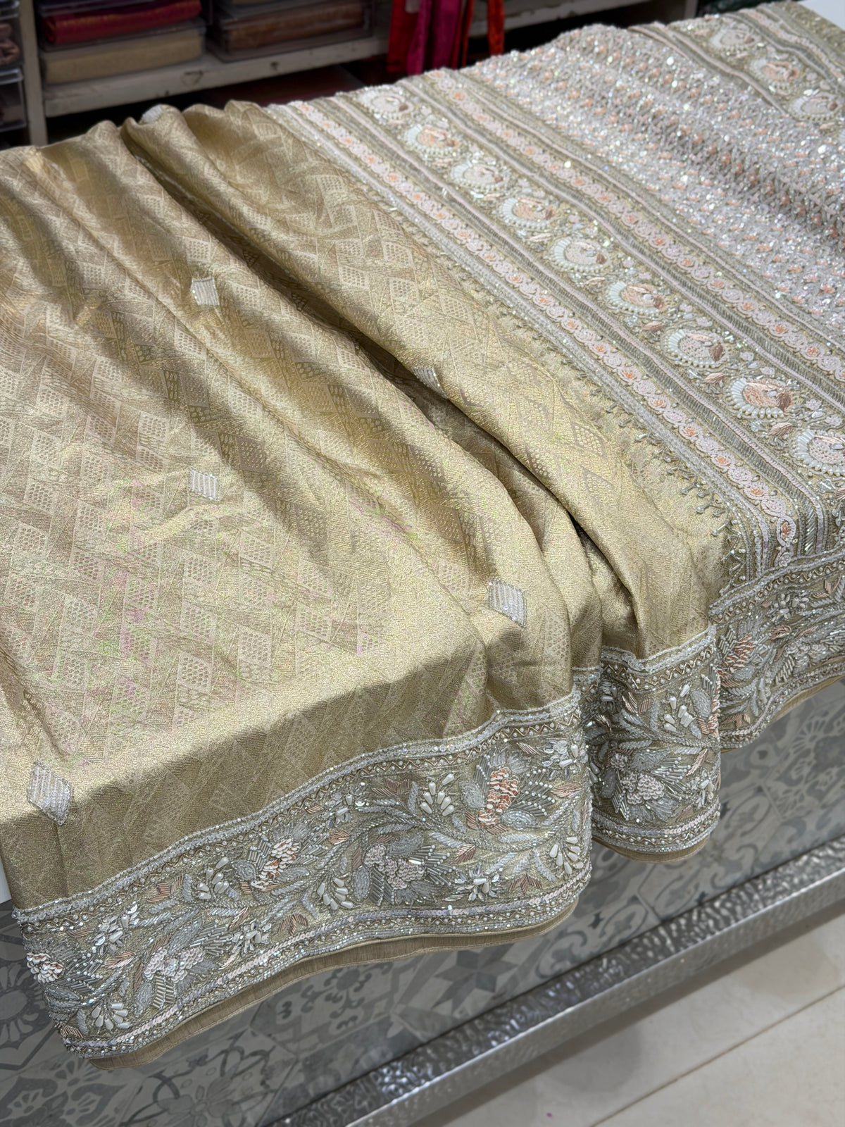 Silver Kanjivaram Heavy Blouse Three Zari Hand Embroidery Zardosi Moti Sequin Saree