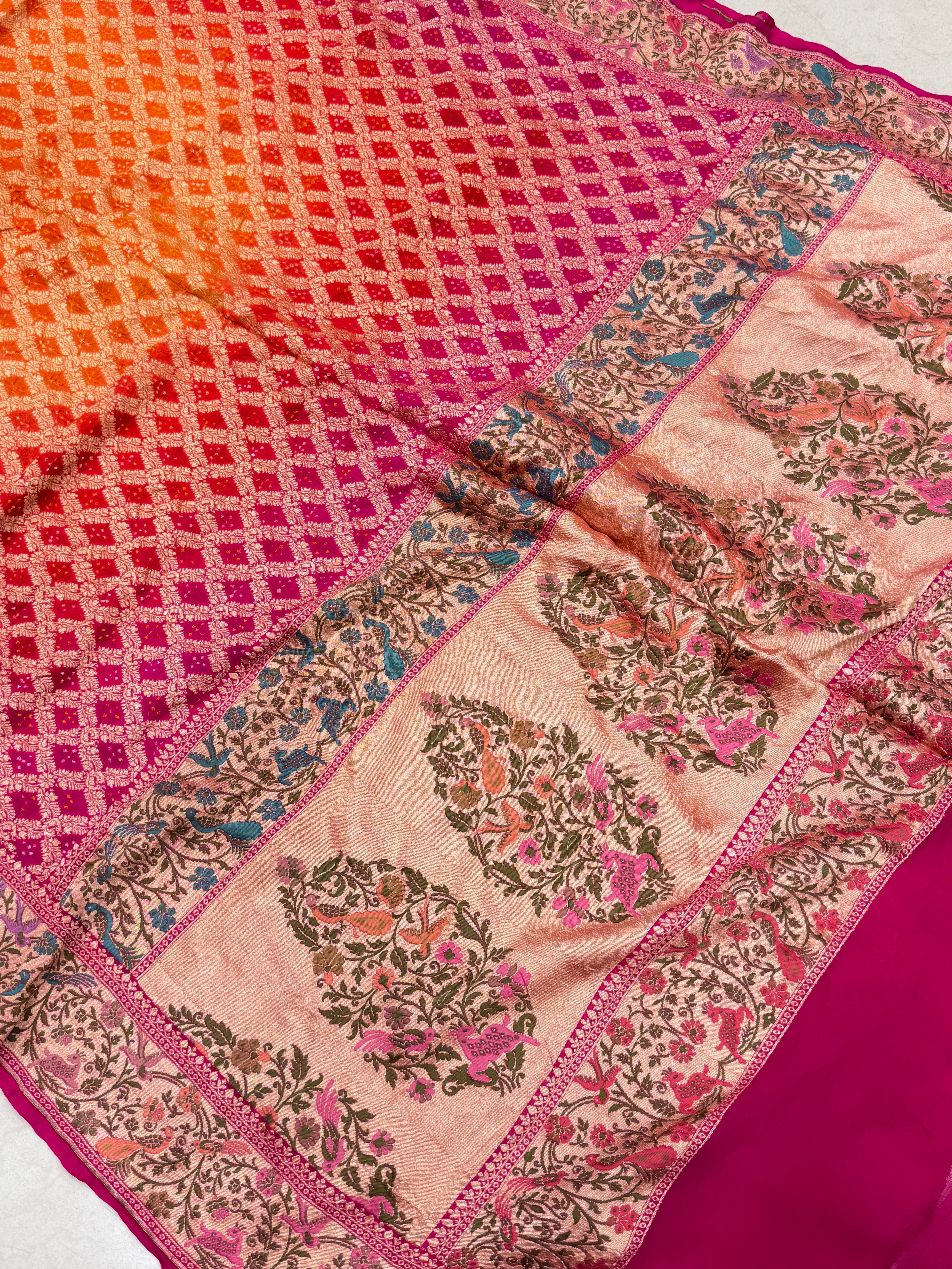 Rani Orange Shaded Shikara Border Meenakari Rai Bandhej Georgette Bandhini Saree