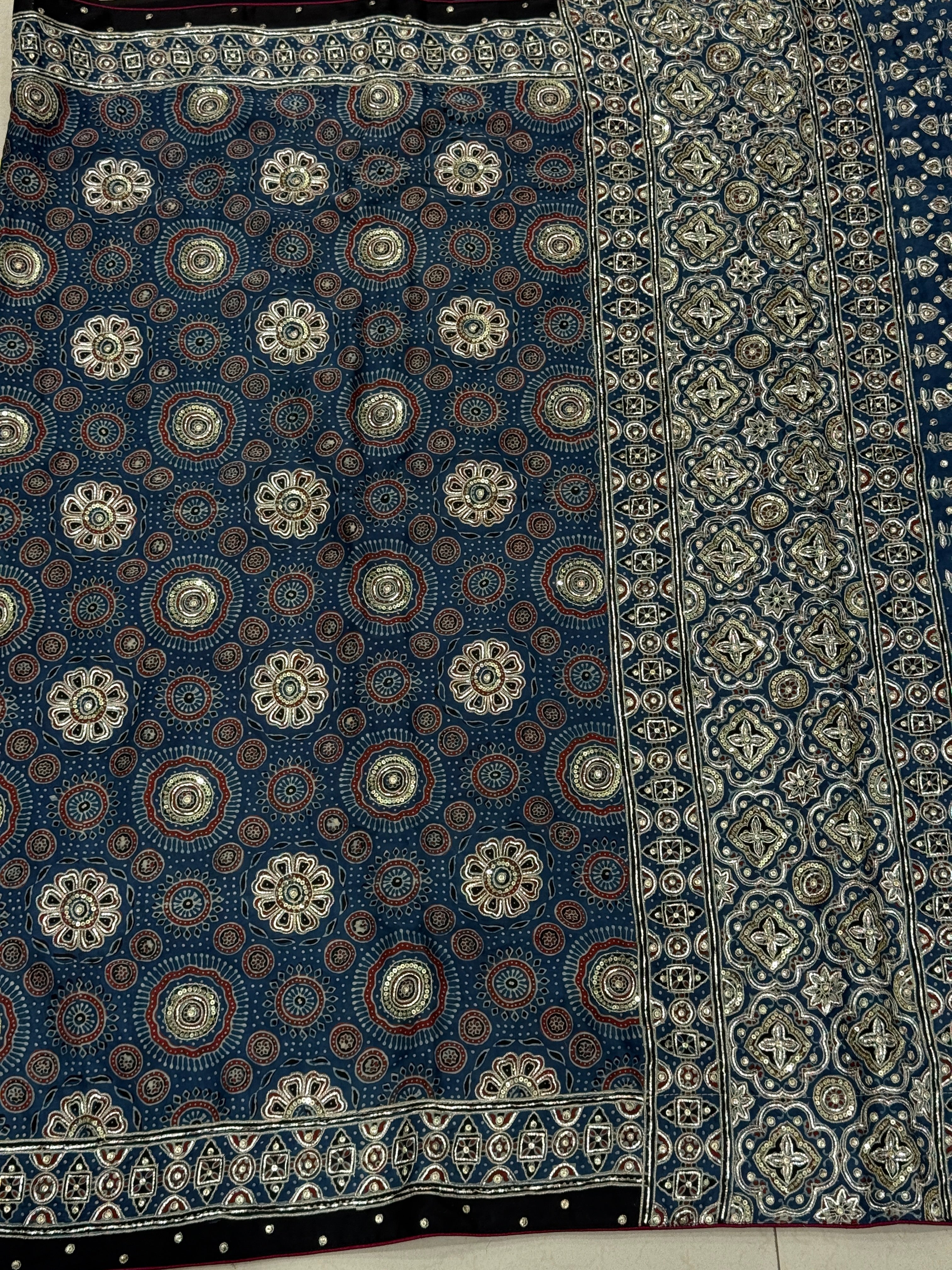 Blue Ajrakh Badam Buttas Pita Sequin Moti Hand Embroidery Saree