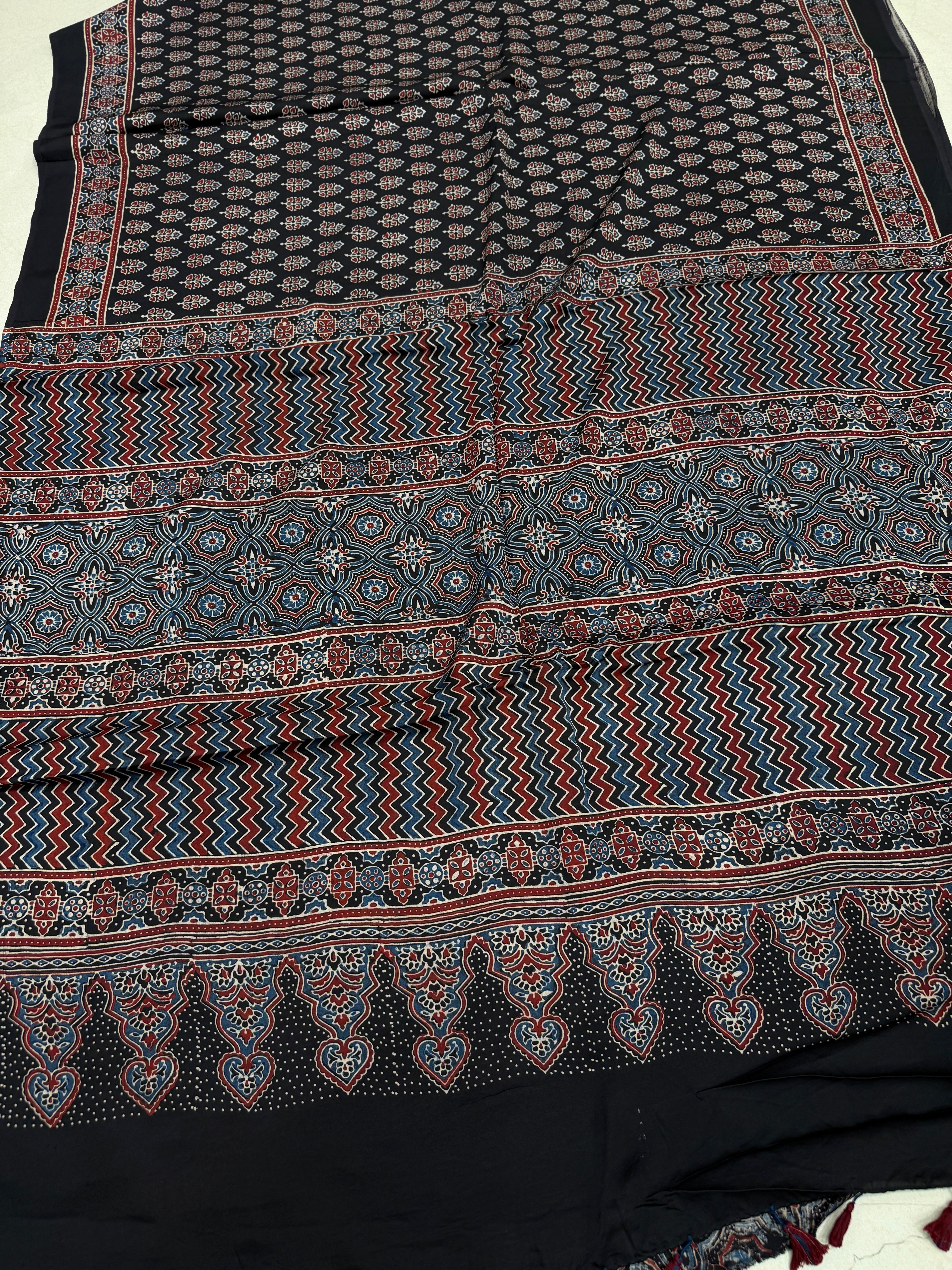 Black Kakkar Buttis Ajrakh Block Print Hand Pure Gajji Silk Saree