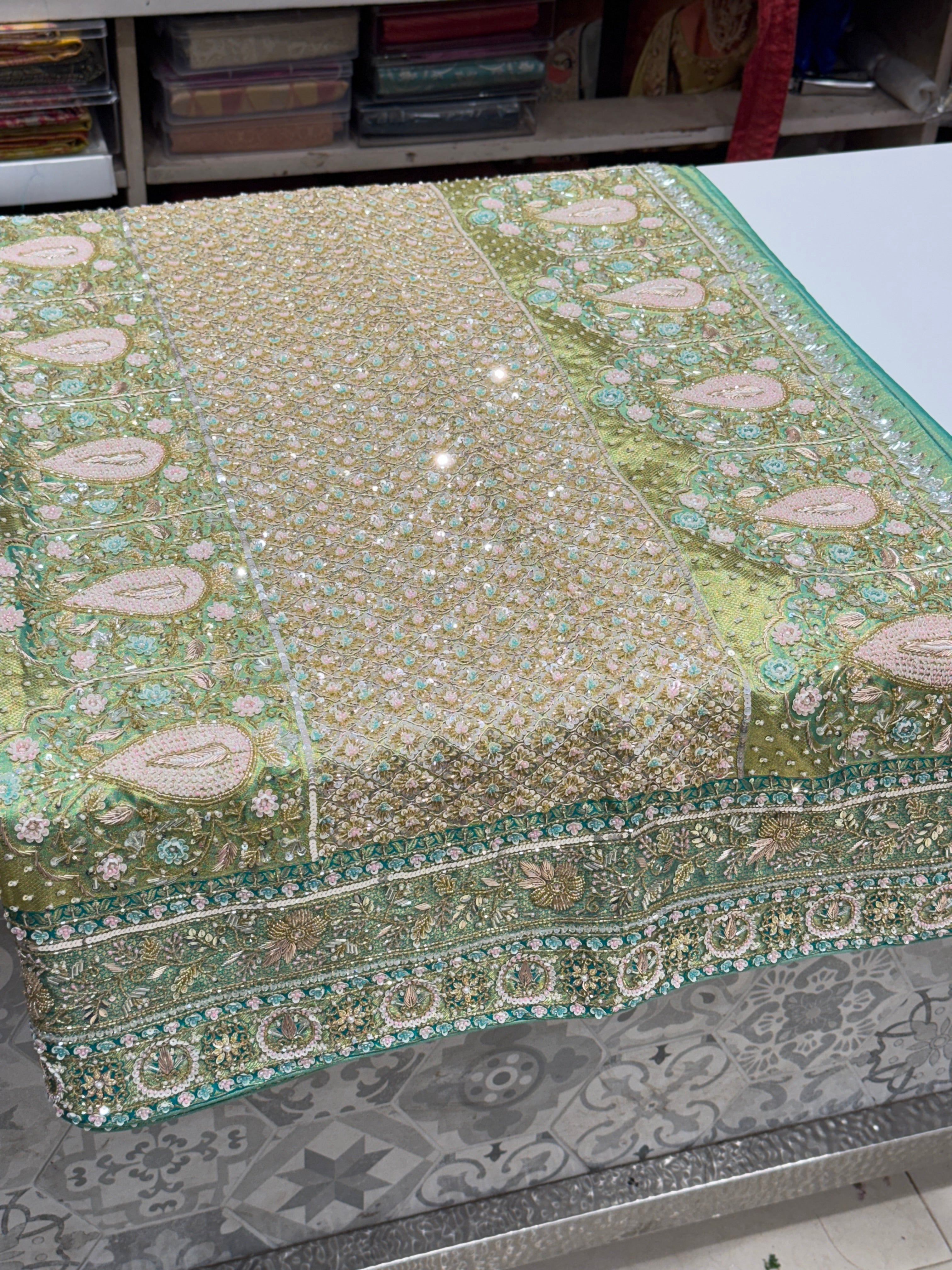 Pista Green Tissue Kanjivaram Hand Embroidery Saree