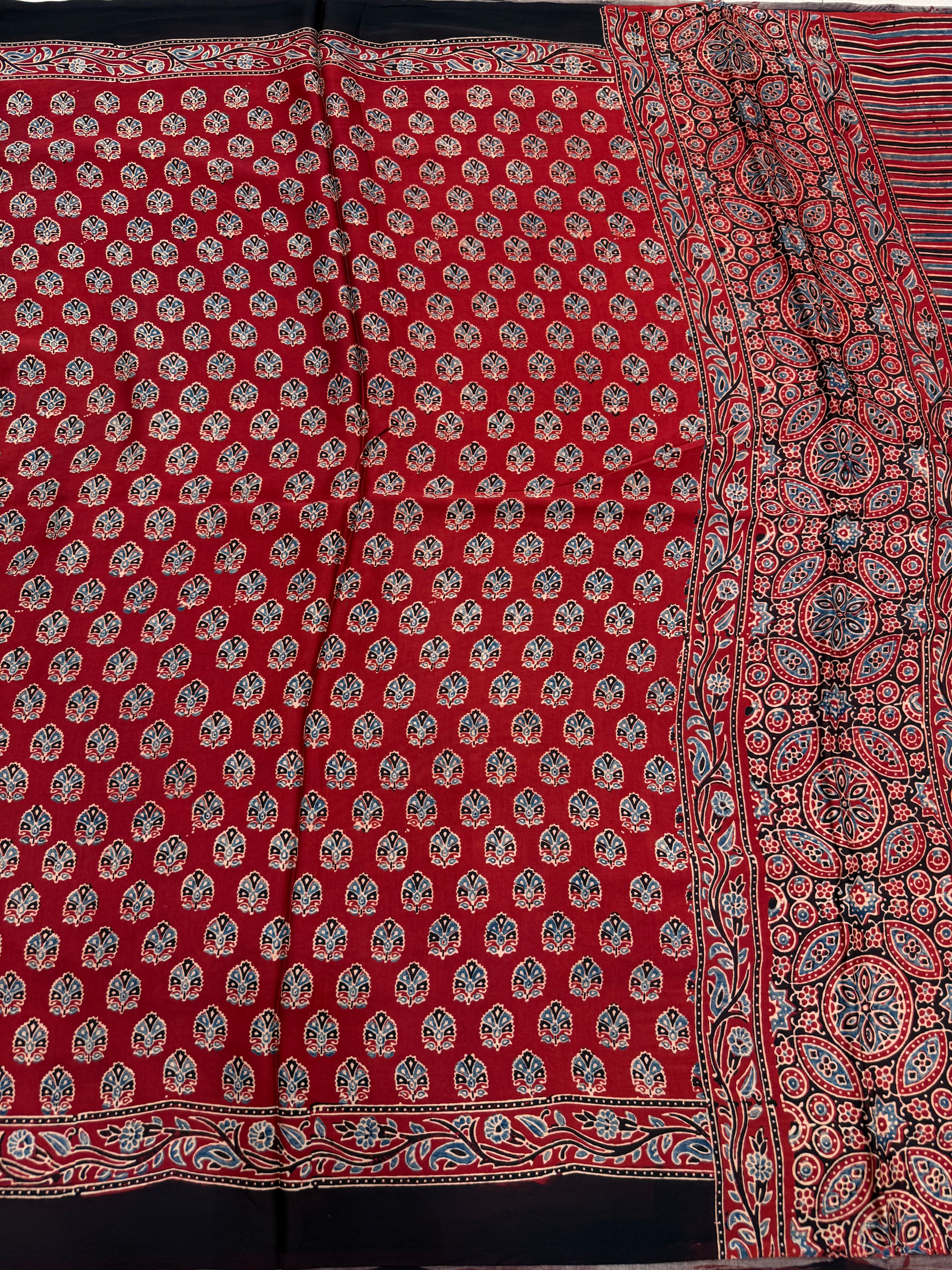Red Keri Buttas Ajrakh Block Print Hand Pure Gajji Silk Saree