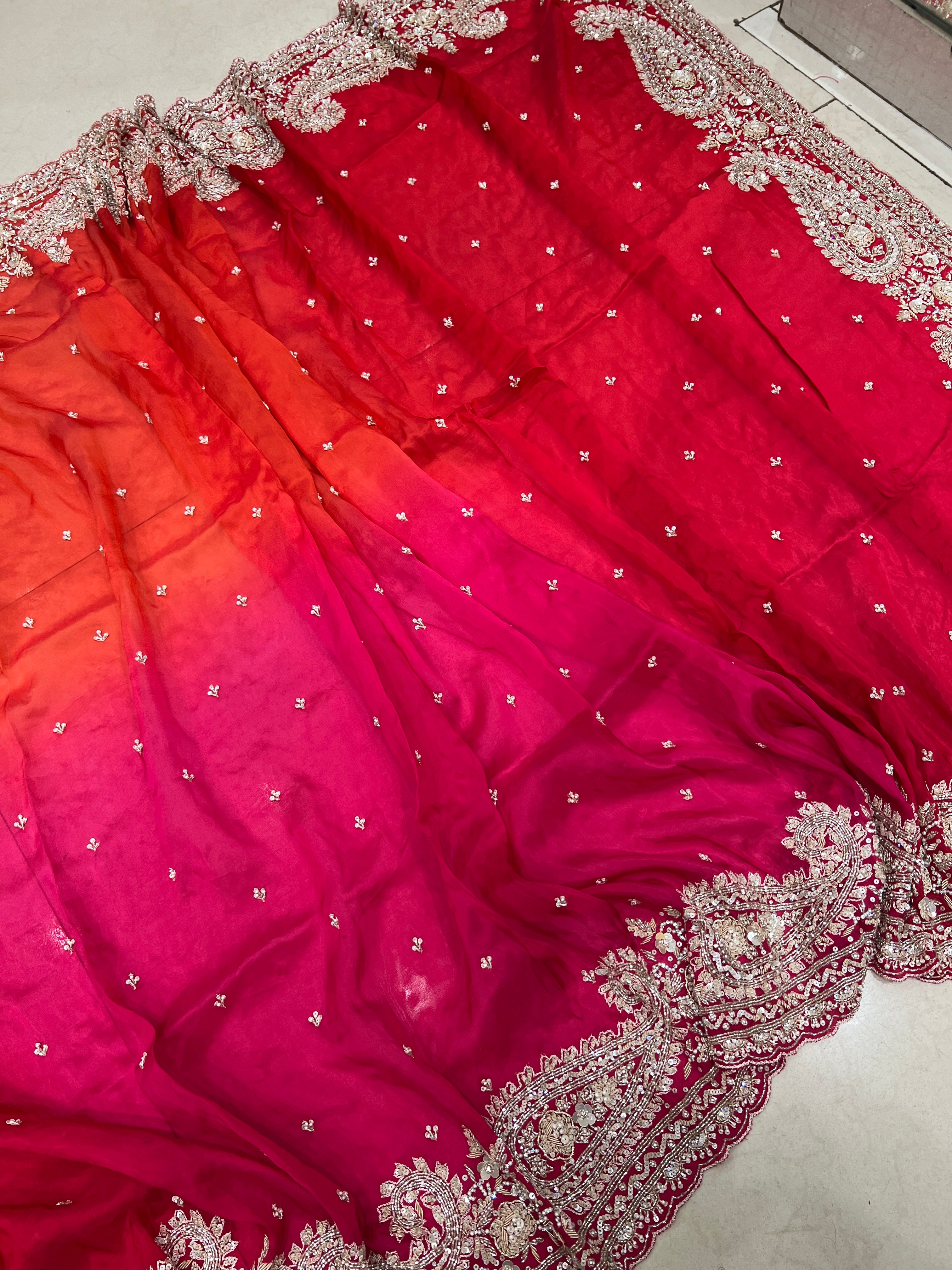 Shaded Satin Organza Hand Embroidery Saree