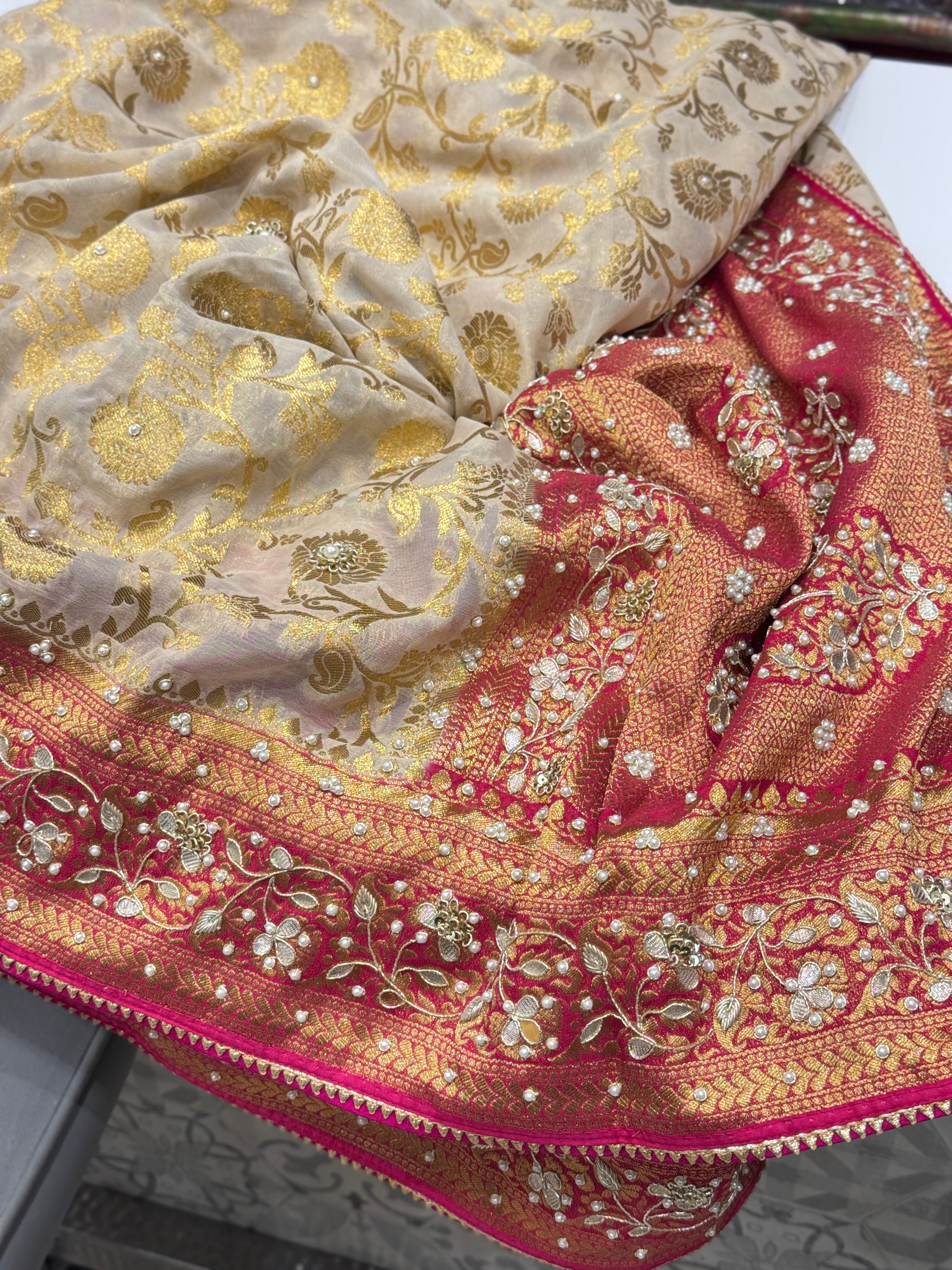 Beige Rani Banarasi Khaddi Georgette Baghban Jaal Zardosi Embroidery Saree