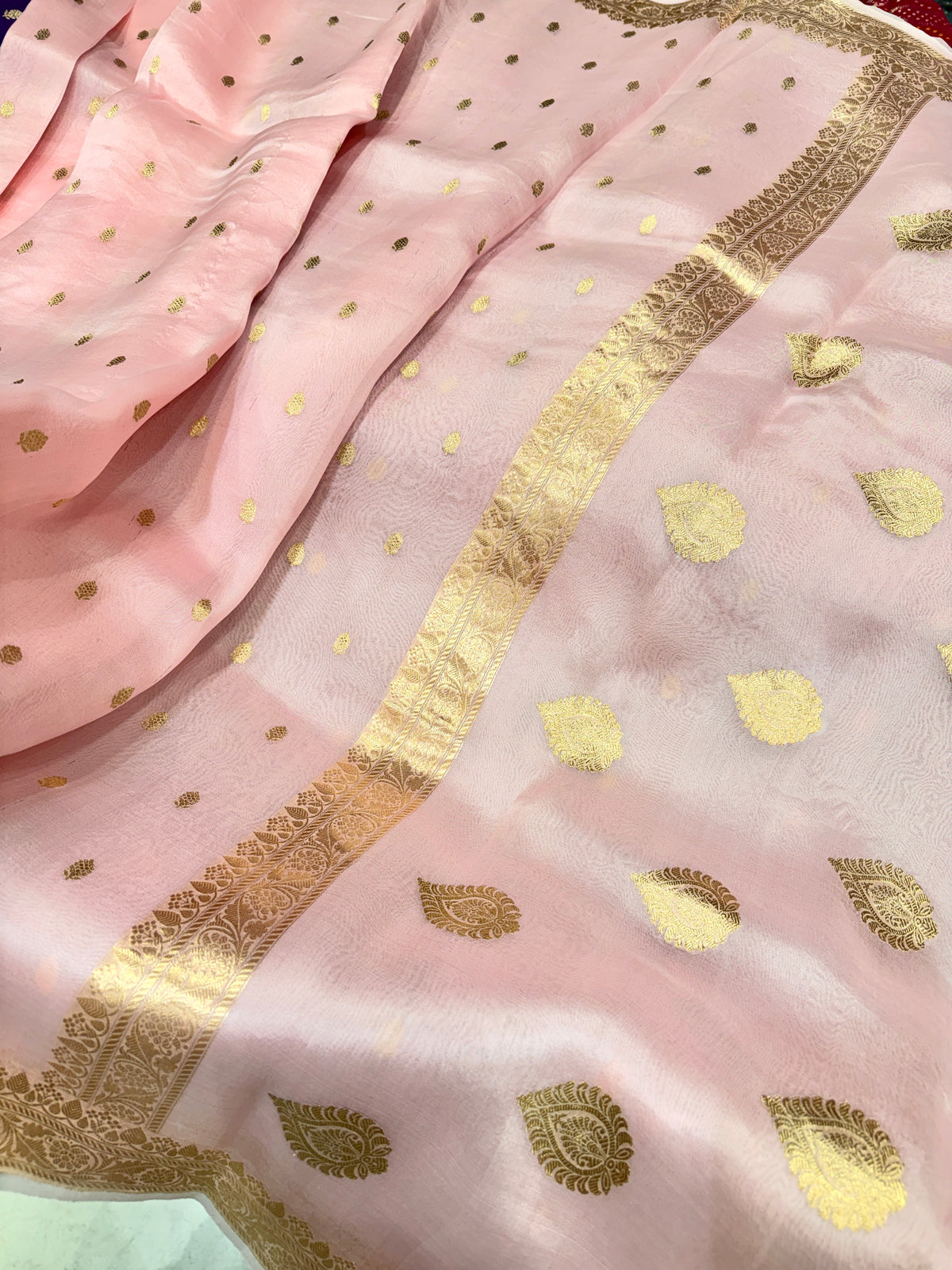 Light Pink Buttis Handloom Banarasi Kora Silk Saree