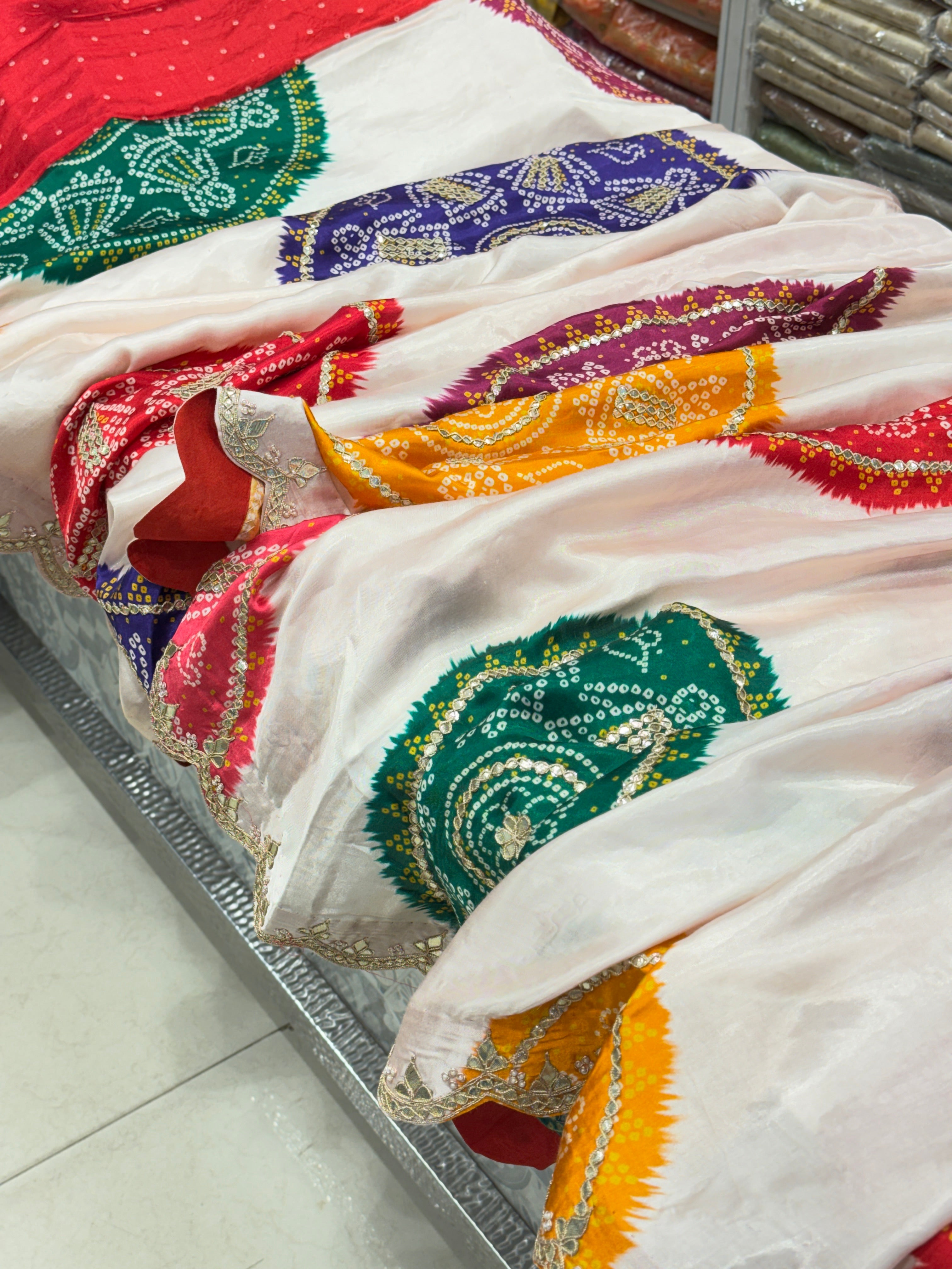 Moti White Gajji Silk Bandhej Print Hand Done Gotapatti Saree