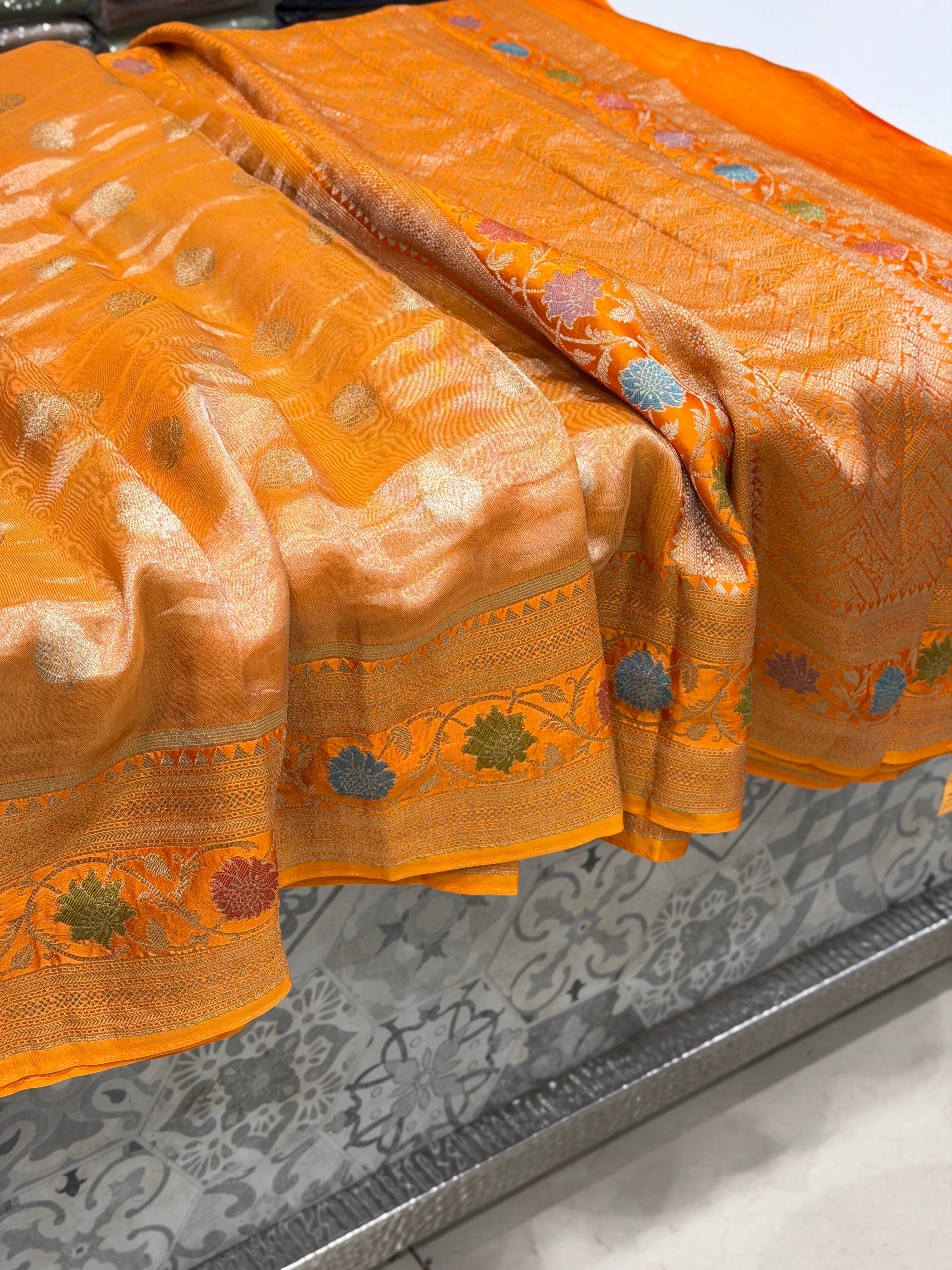 Rust Orange Banarasi Tissue Meenakari Satin Weaved Border Saree