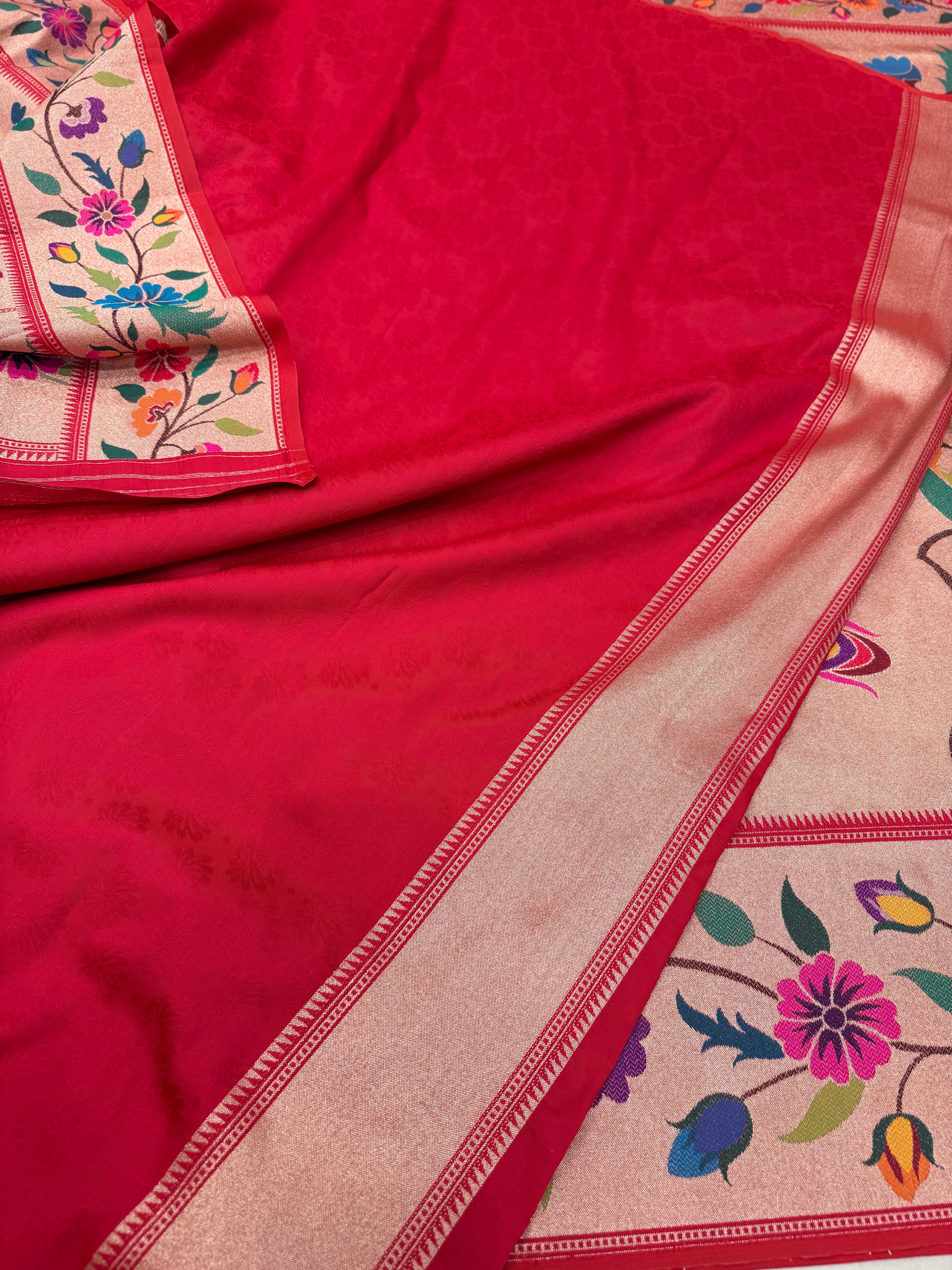 Golden Red Tissue Silk Paithani Meenakari Jaal Saree