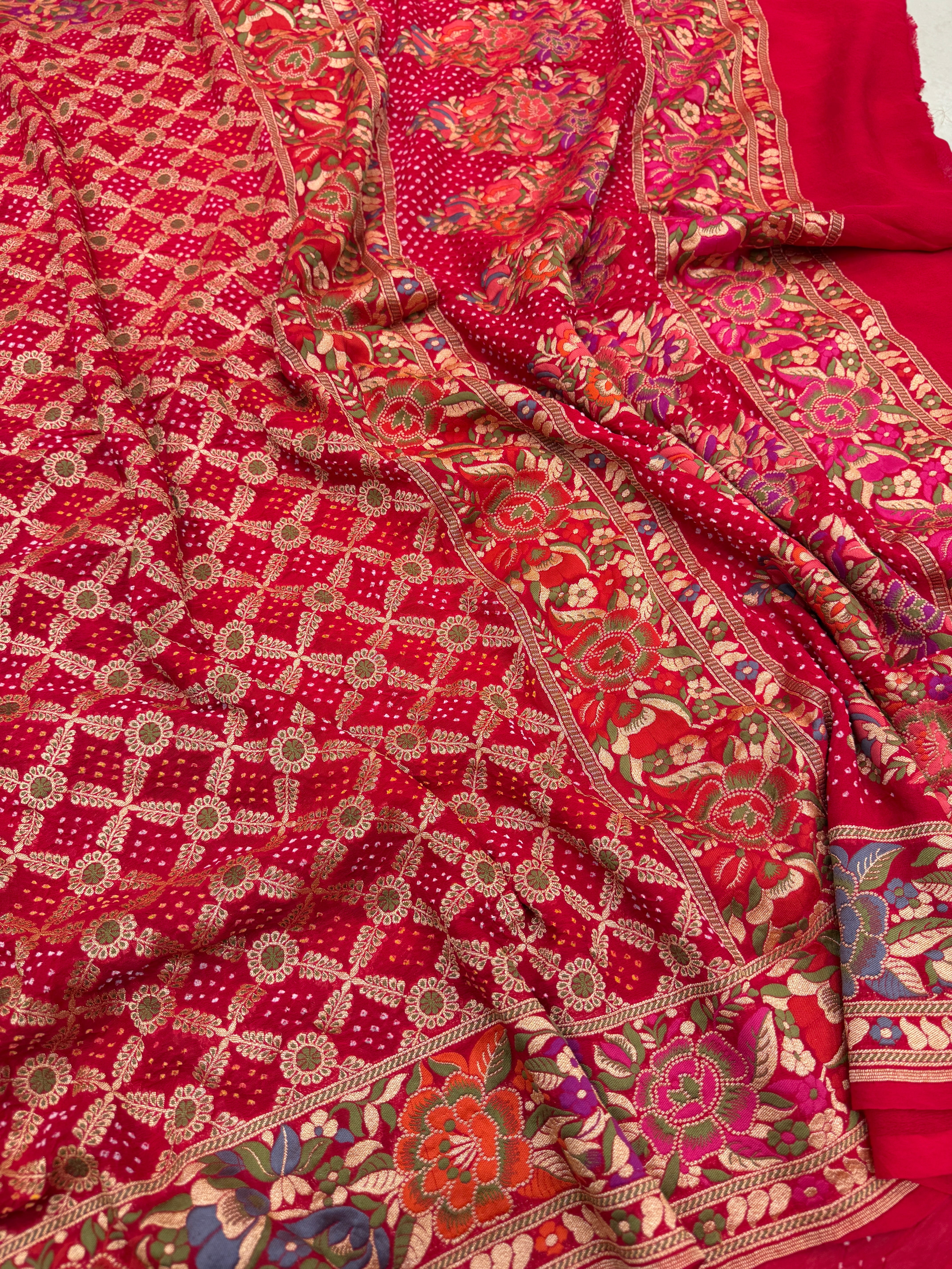 Red Meenakari Floral Rai Bandhej Georgette Bandhini Saree