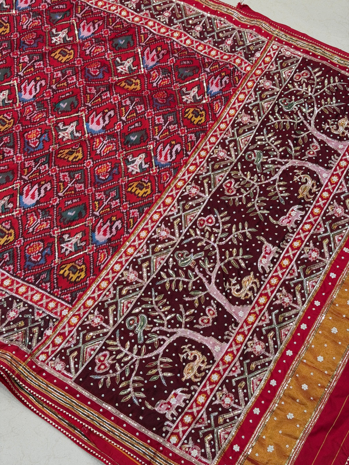Red Handloom Patan Patola Hand Embroidery Pita Zardosi Saree