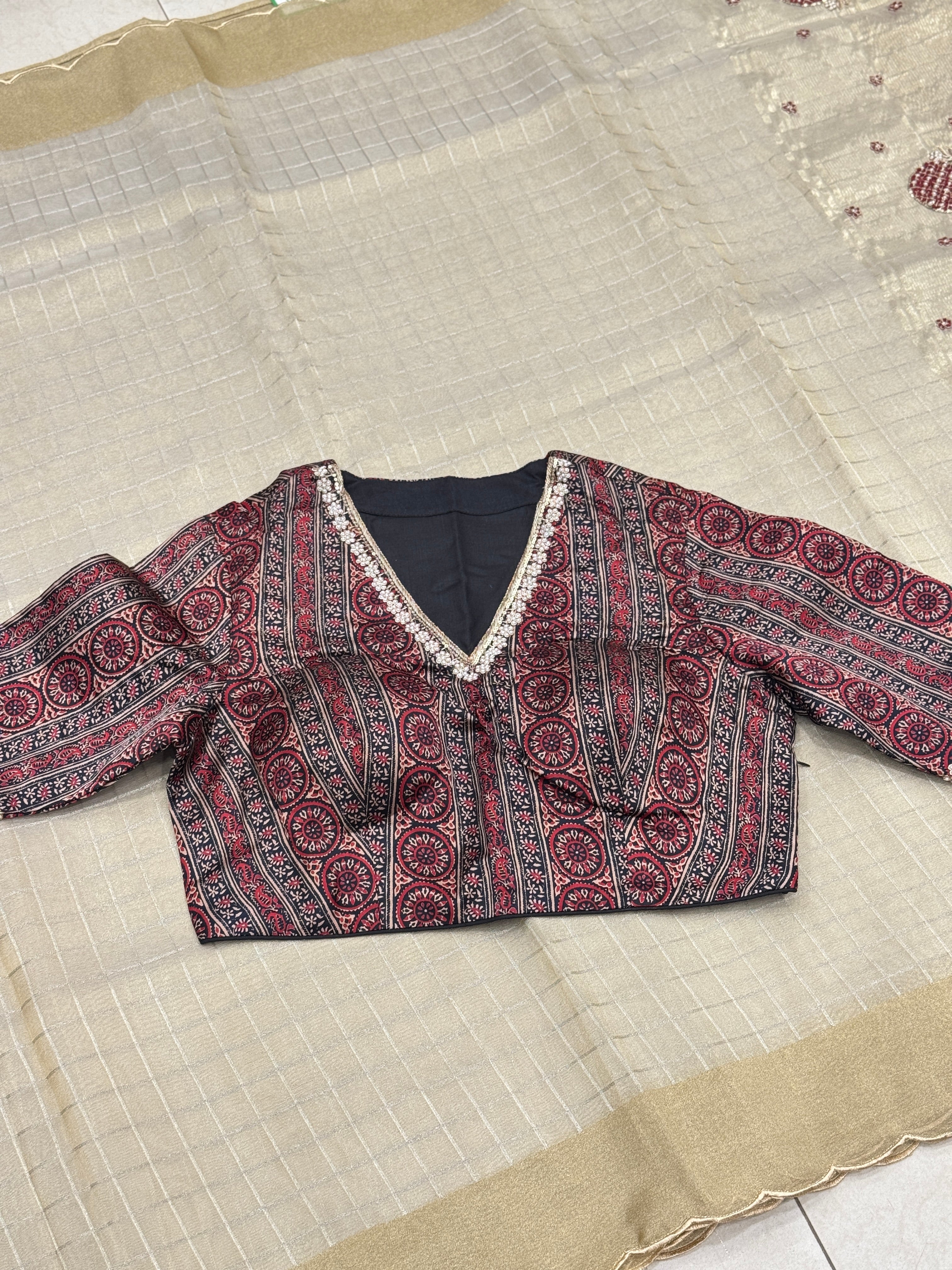 Golden Tissue With Ajrakh Ready Blouse Hand Embroidery